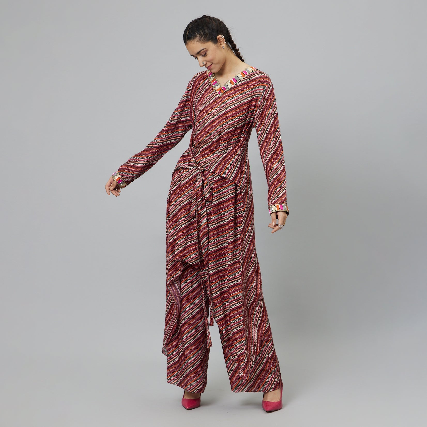 BOHEMIAN STRIPE PRINT FRONT TIE UP TUNIC SET