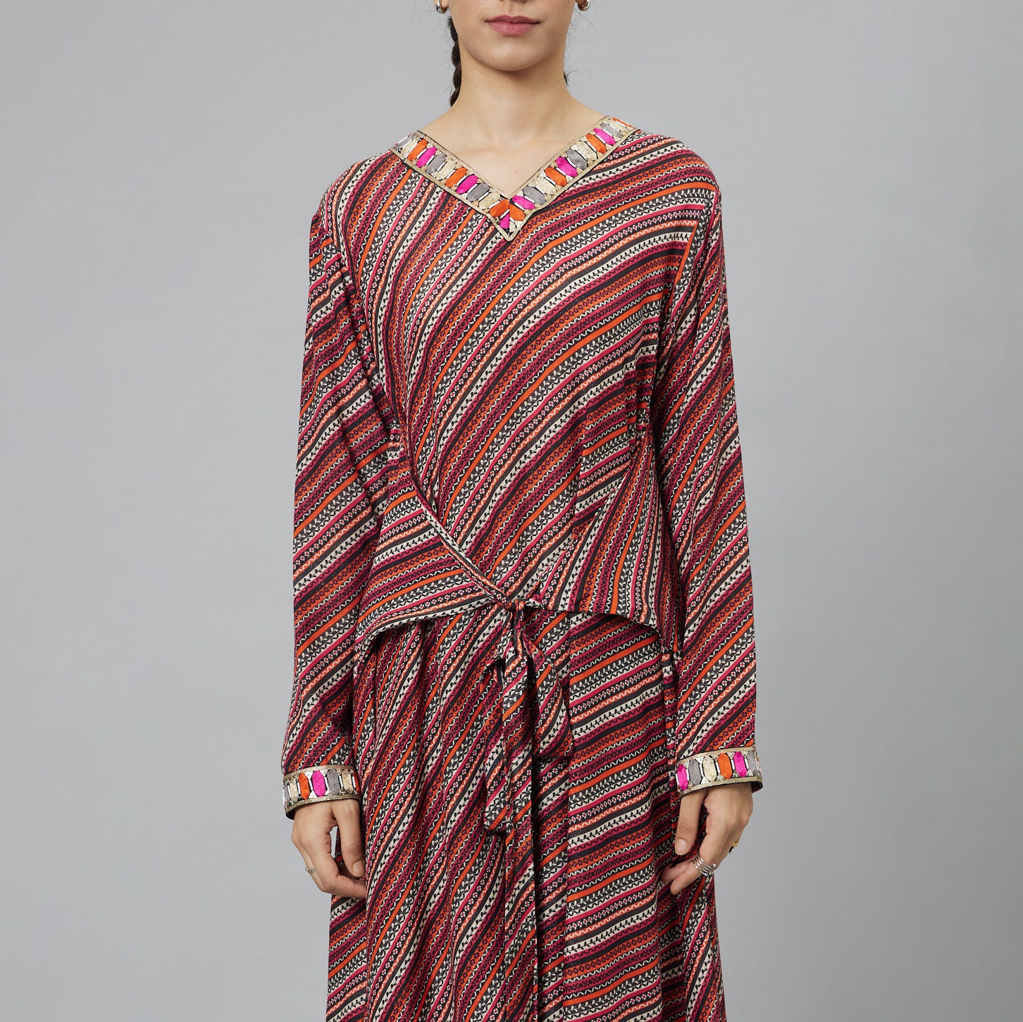 BOHEMIAN STRIPE PRINT FRONT TIE UP TUNIC SET