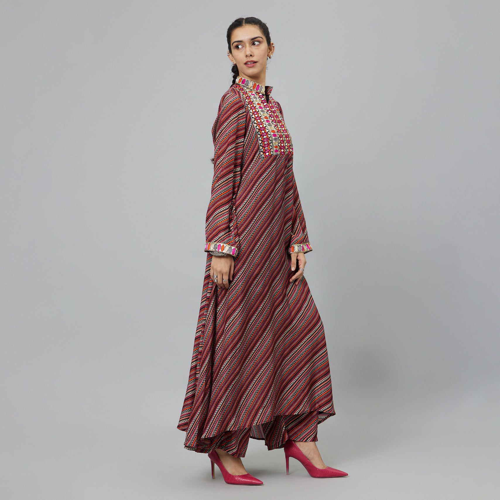 BOHEMIAN STRIPE PRINT KURTA WITH EMBROIDERED YOKE AND PANTS