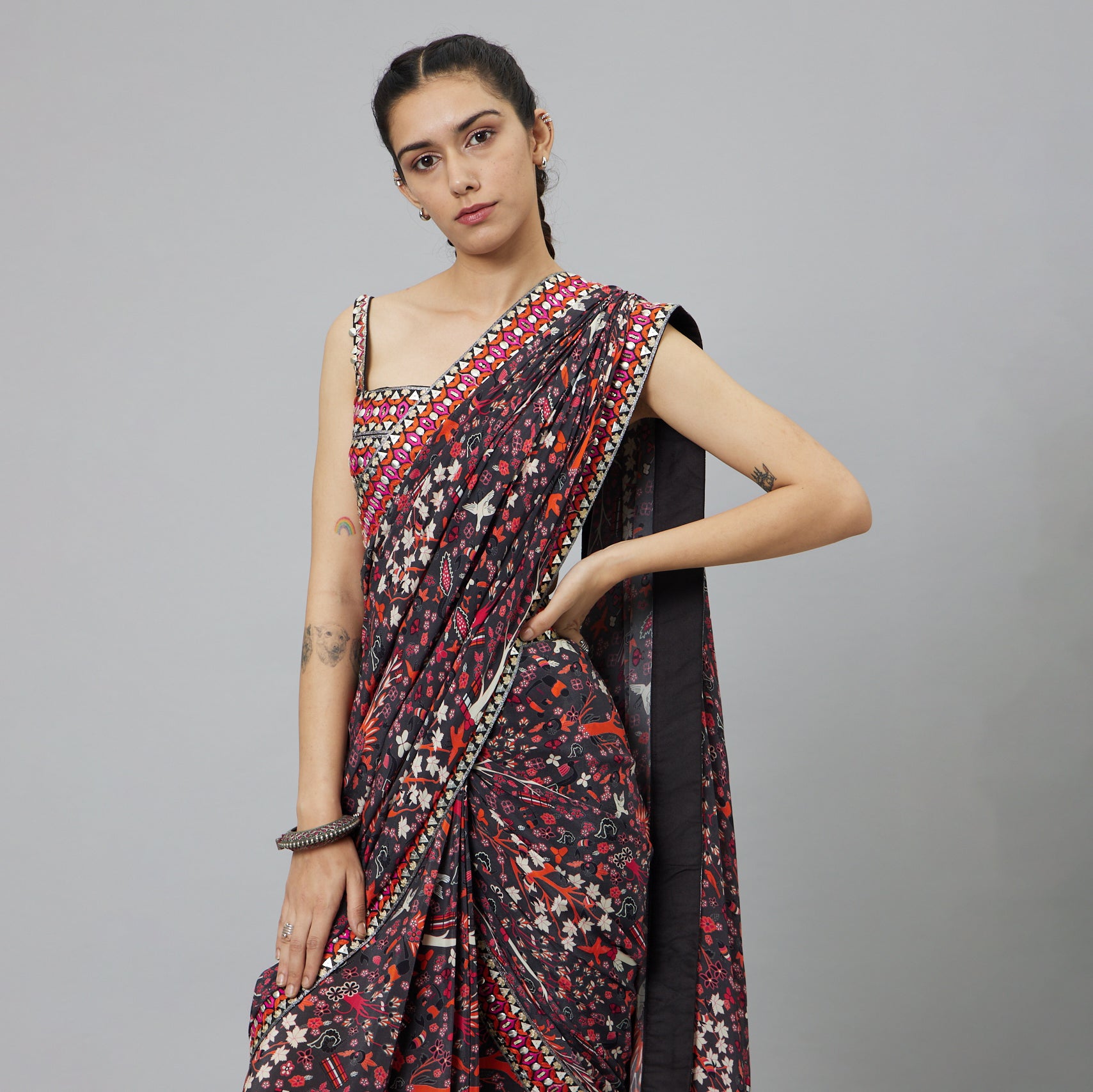 CONCRETE JUNGLE PRINT CASCASE SAREE TEAMED WITH EMBELLISHED BSUTIER