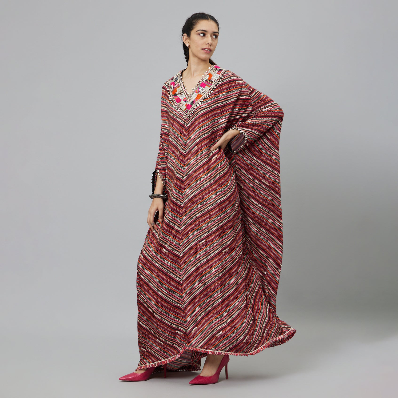 BOHEMAIN STRIPE PRINT V-NECK KAFTAN