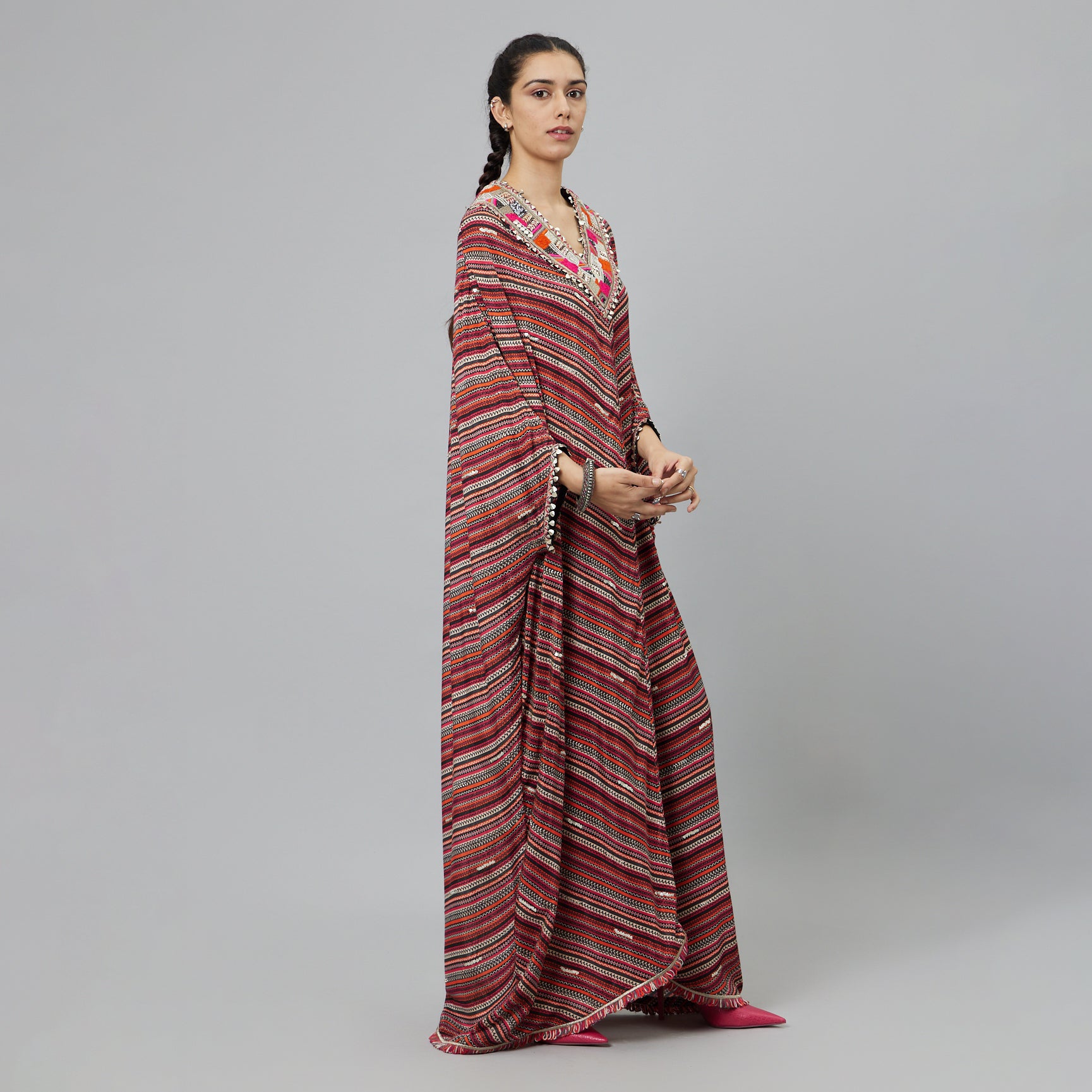 BOHEMAIN STRIPE PRINT V-NECK KAFTAN