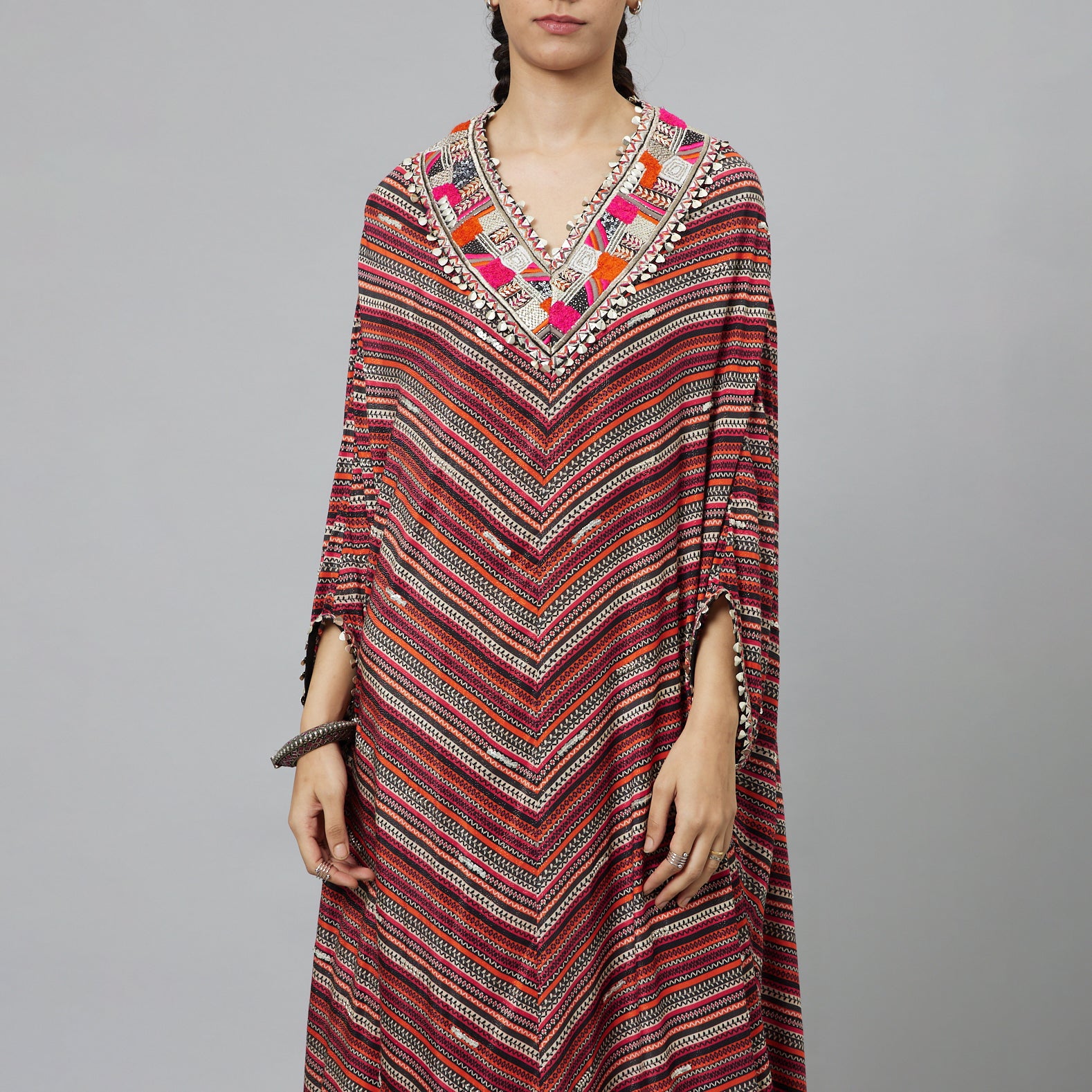 BOHEMAIN STRIPE PRINT V-NECK KAFTAN