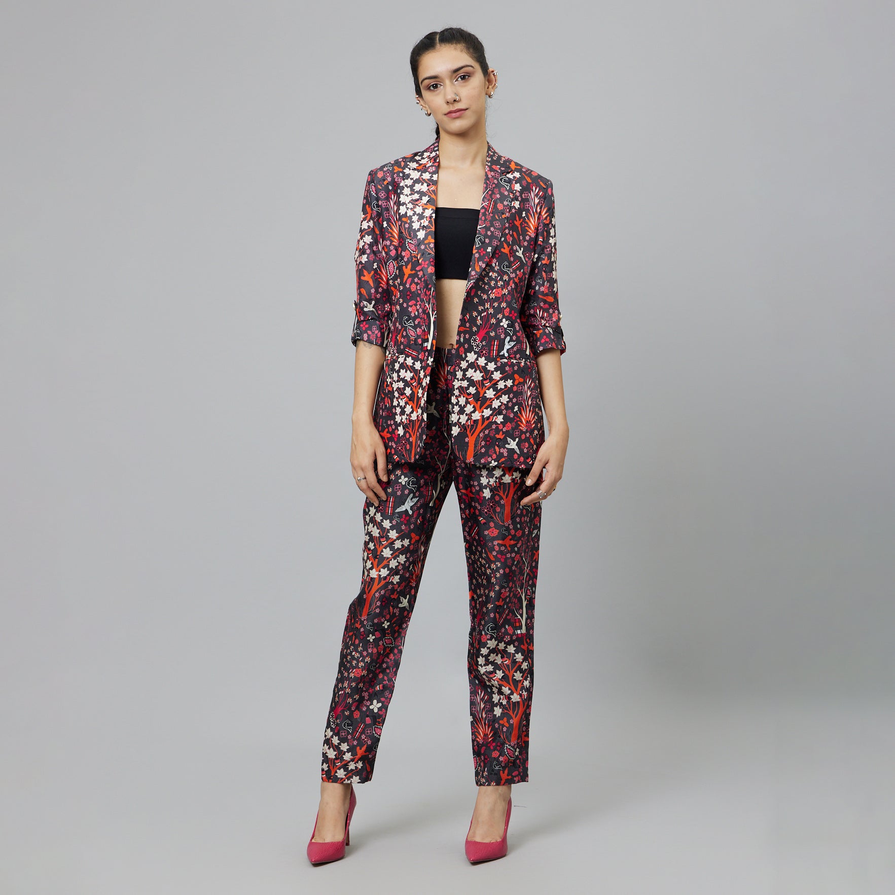 CONCRETE JUNGLE PRINT PANT SUIT PAIRED WITH A BUSTIER