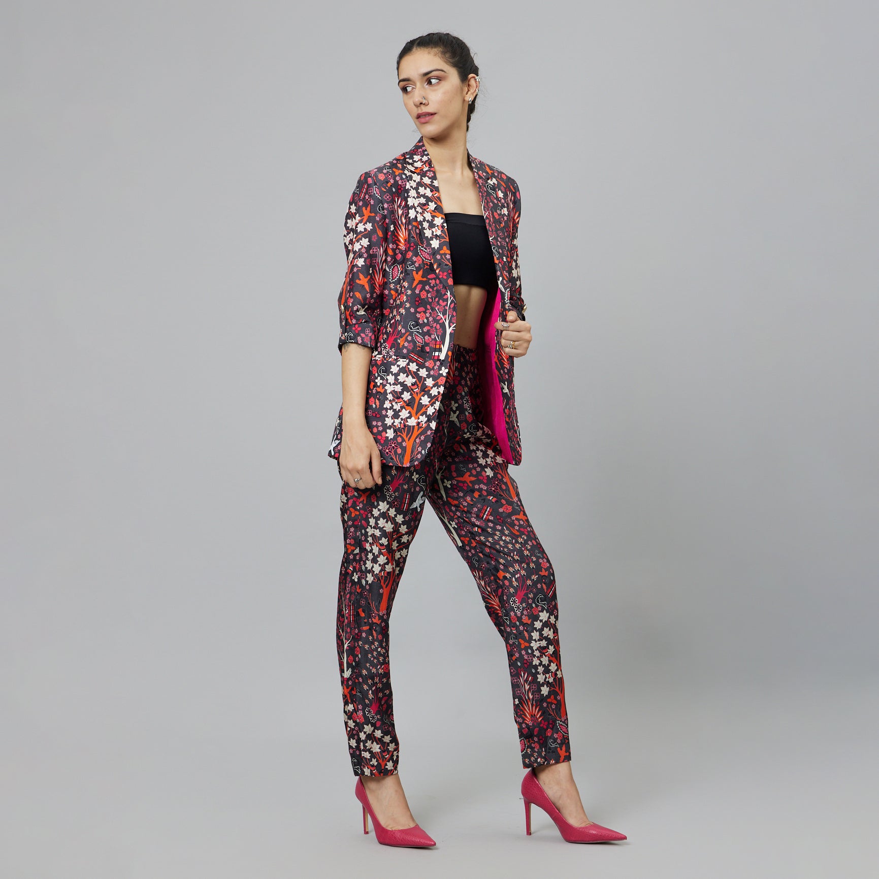 CONCRETE JUNGLE PRINT PANT SUIT PAIRED WITH A BUSTIER