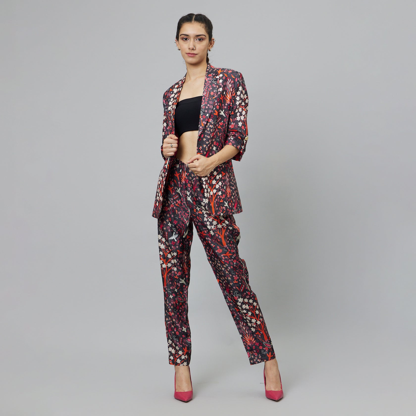 CONCRETE JUNGLE PRINT PANT SUIT PAIRED WITH A BUSTIER