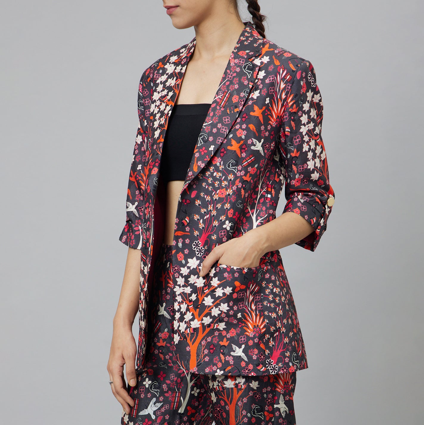 CONCRETE JUNGLE PRINT PANT SUIT PAIRED WITH A BUSTIER