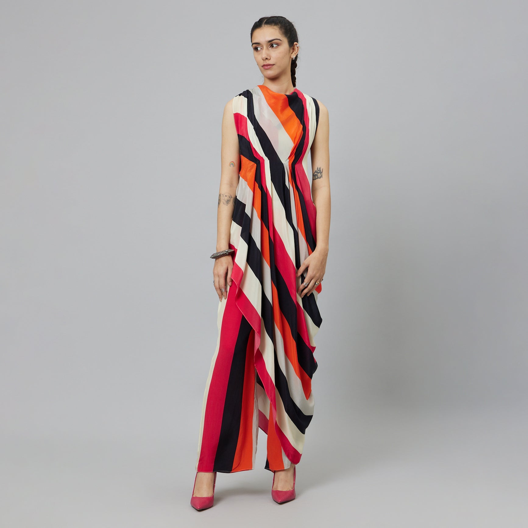 SHAHAR STRIPE PRINT CROP TOP WITH ATTACHED DRAPE WITH PANTS