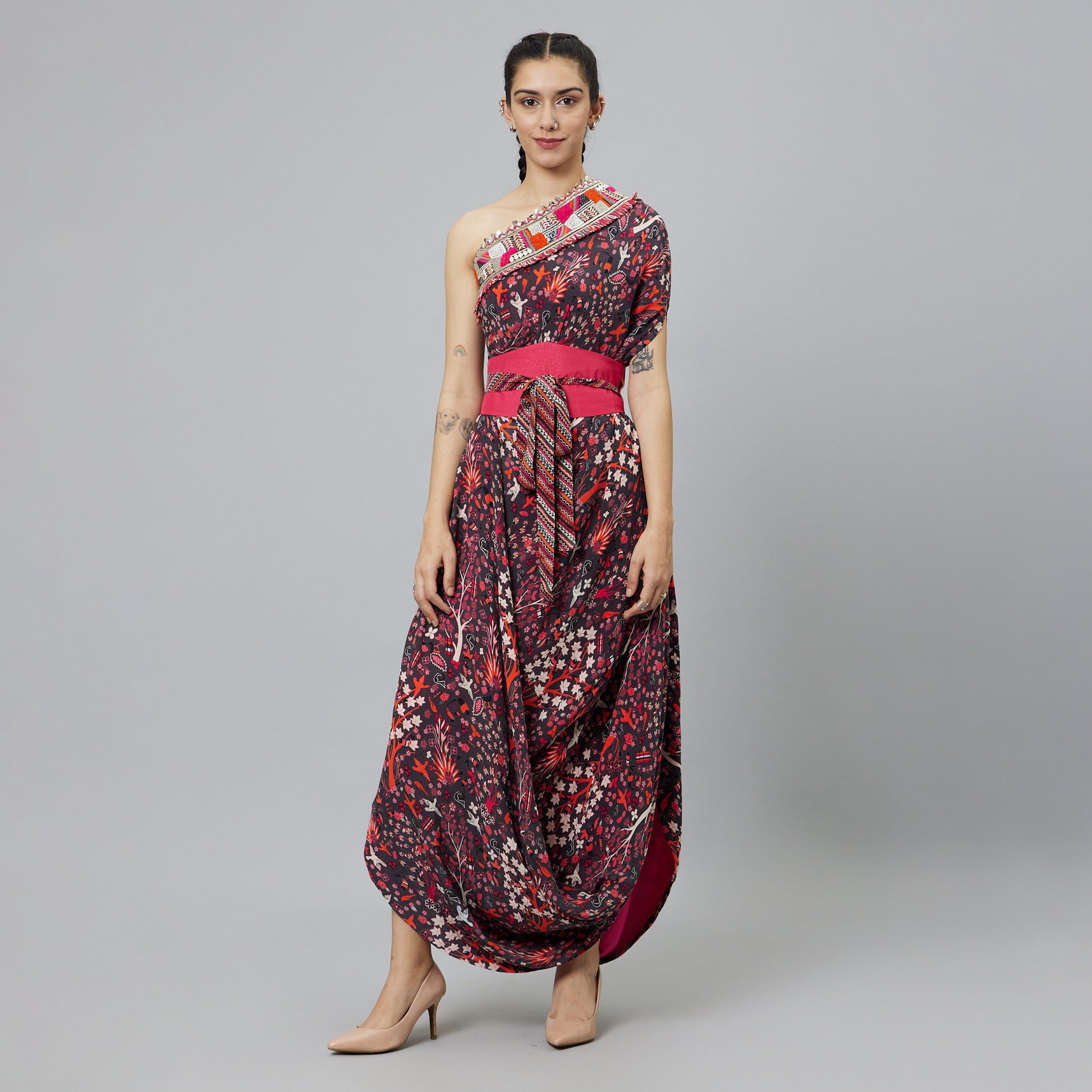 CONCRETE JUNGLE PRINT ONE SHOULDER COWL DRESS TEAMED WITH A BELT