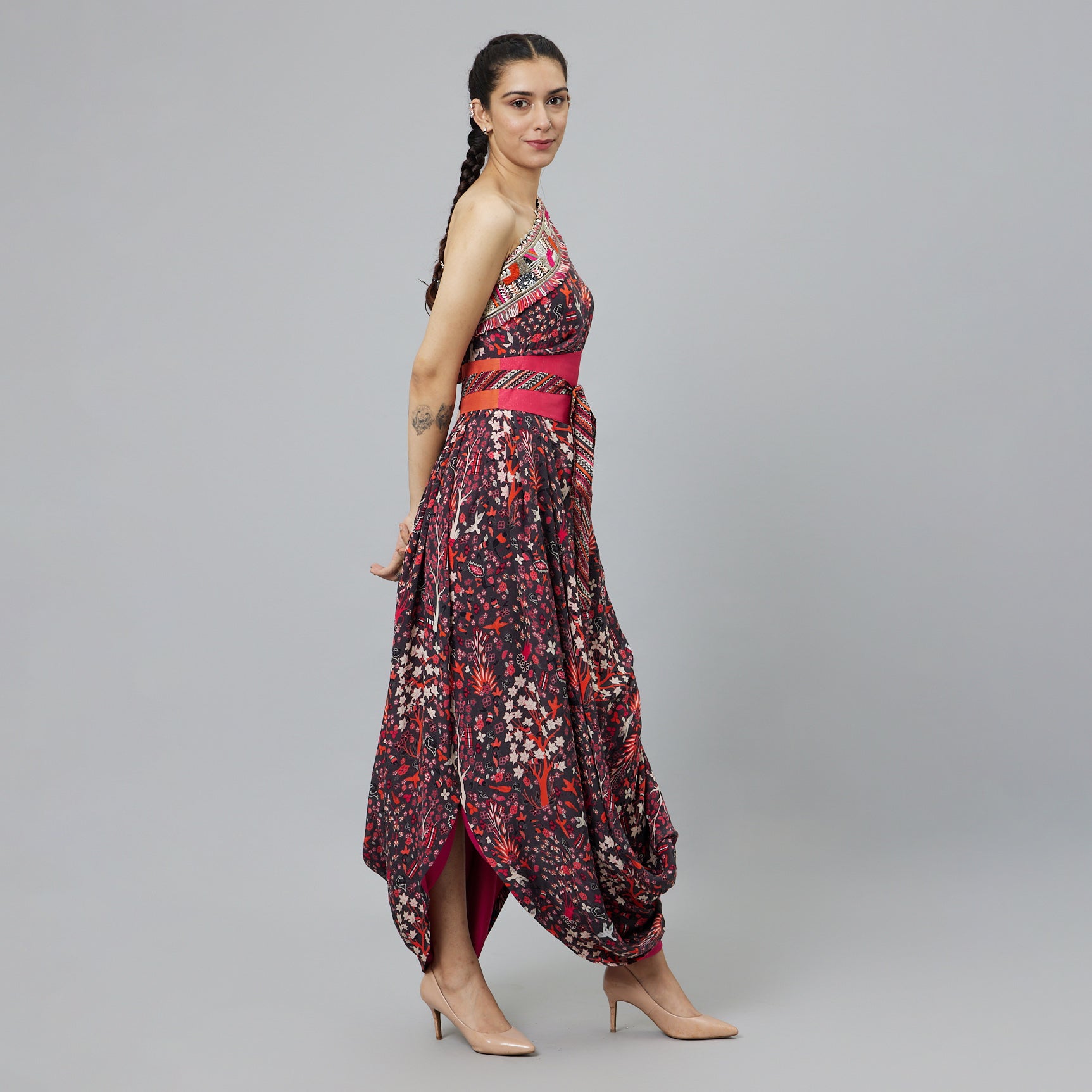 CONCRETE JUNGLE PRINT ONE SHOULDER COWL DRESS TEAMED WITH A BELT