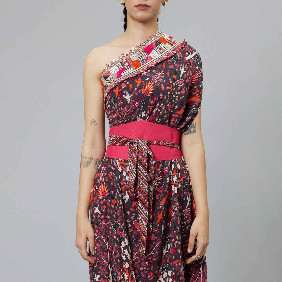 CONCRETE JUNGLE PRINT ONE SHOULDER COWL DRESS TEAMED WITH A BELT