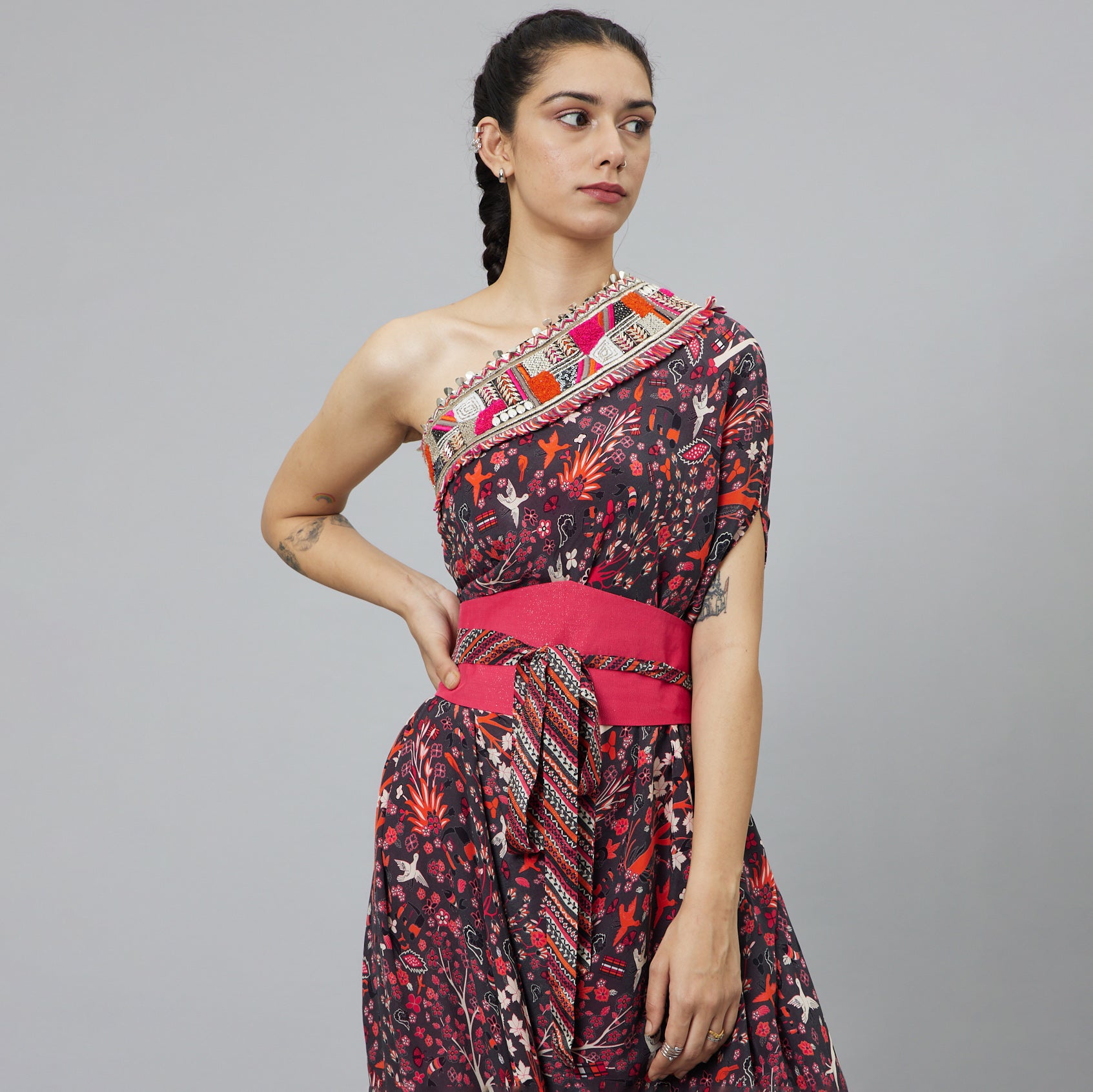 CONCRETE JUNGLE PRINT ONE SHOULDER COWL DRESS TEAMED WITH A BELT