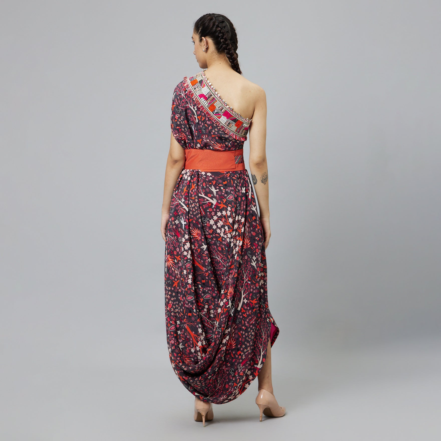 CONCRETE JUNGLE PRINT ONE SHOULDER COWL DRESS TEAMED WITH A BELT