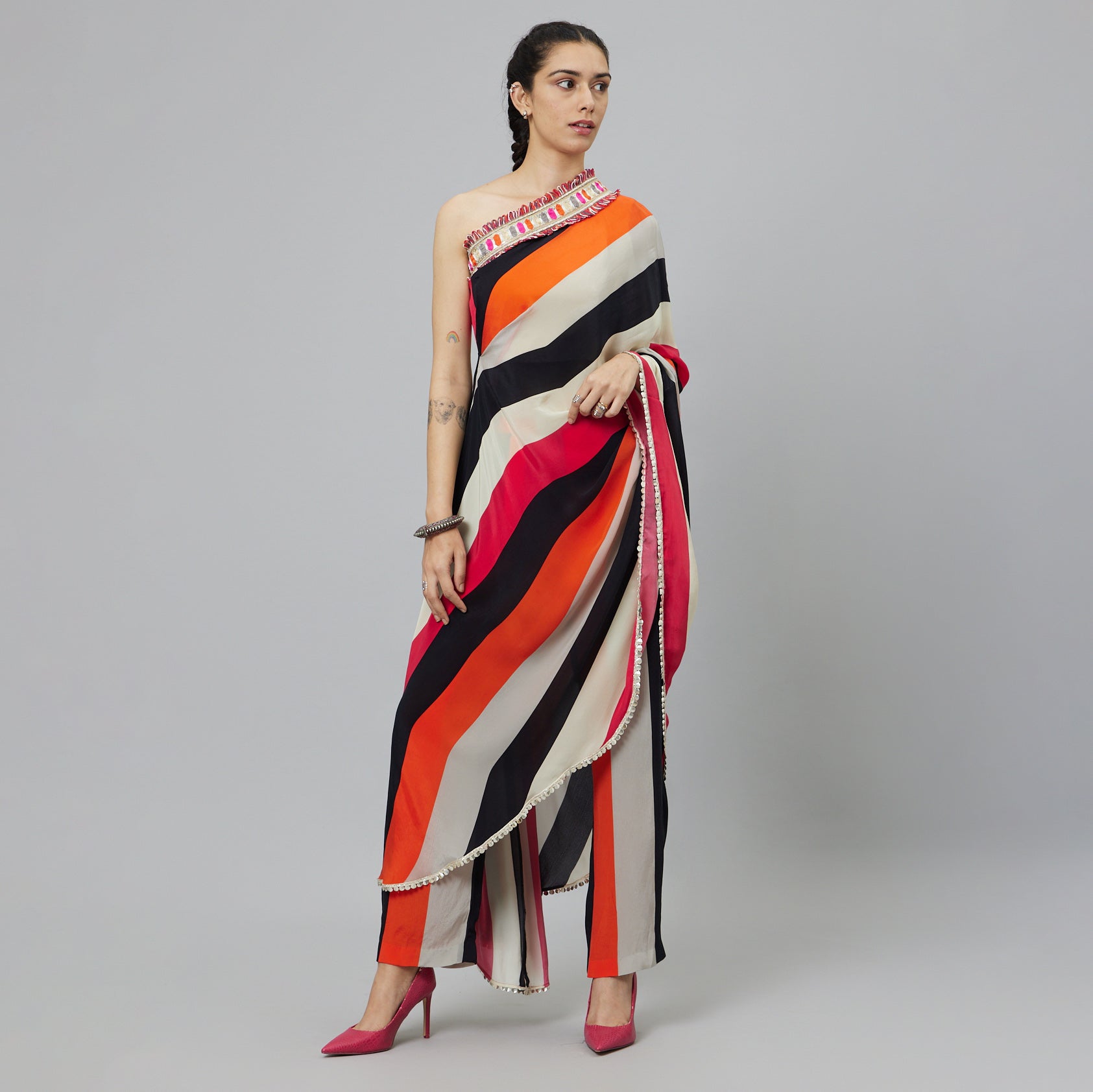 SHAHAR STRIPE PRINT ONE SHOULDER SAREE WITH PANTS