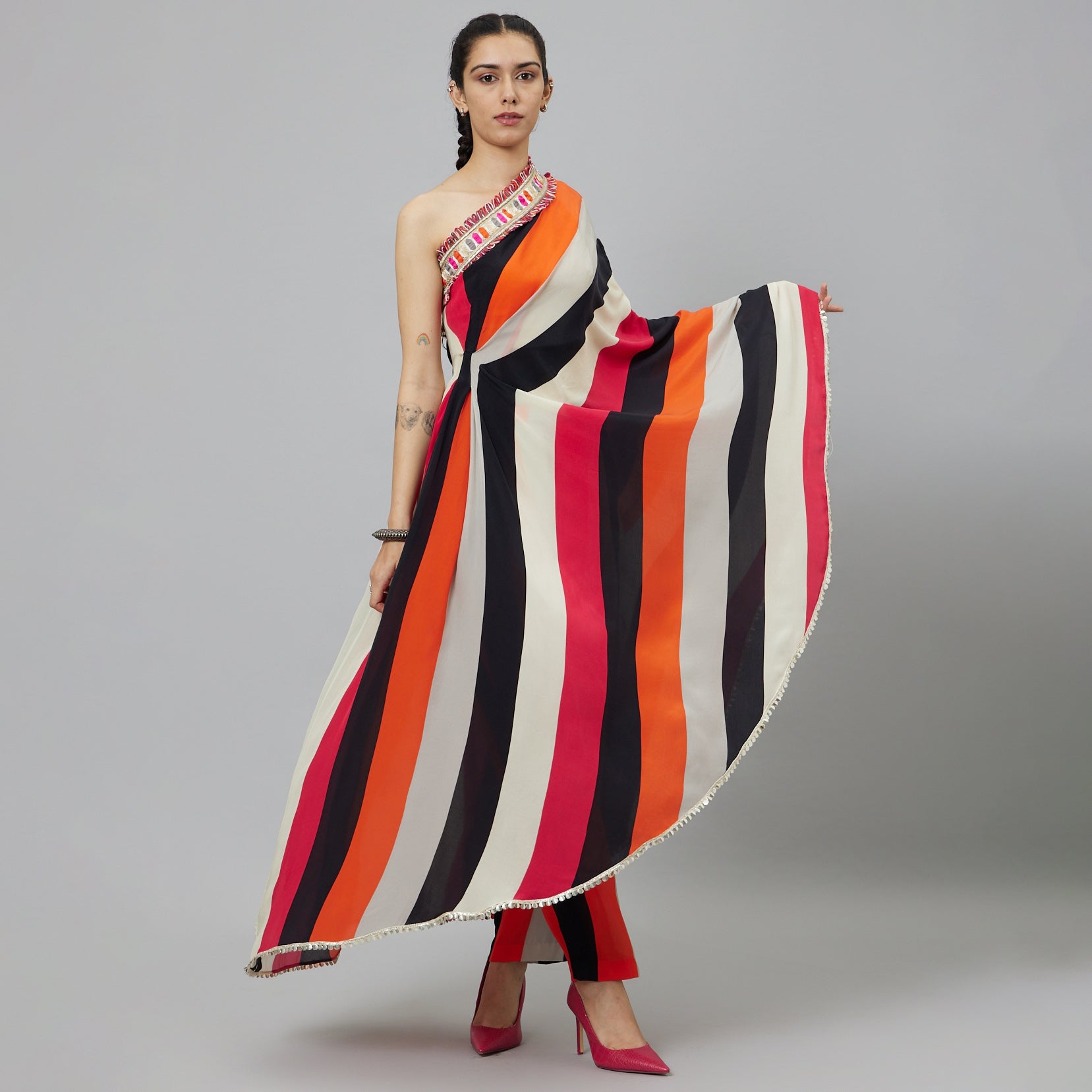 SHAHAR STRIPE PRINT ONE SHOULDER SAREE WITH PANTS