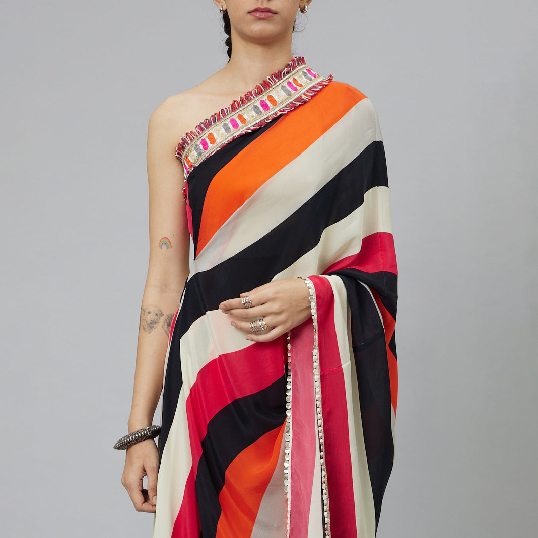 SHAHAR STRIPE PRINT ONE SHOULDER SAREE WITH PANTS