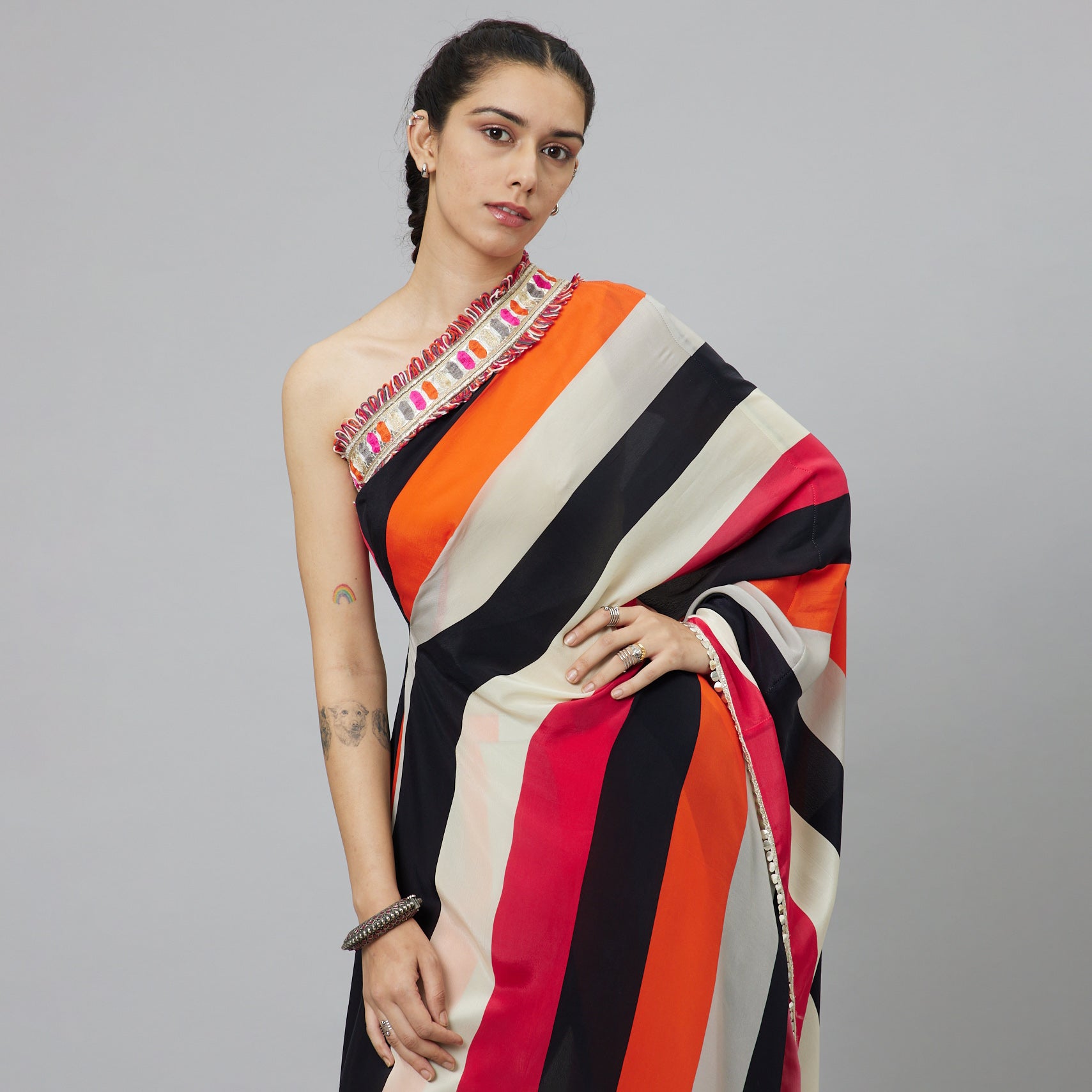 SHAHAR STRIPE PRINT ONE SHOULDER SAREE WITH PANTS