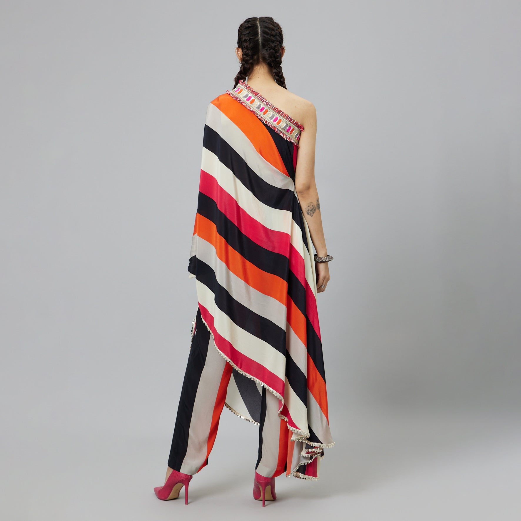 SHAHAR STRIPE PRINT ONE SHOULDER SAREE WITH PANTS