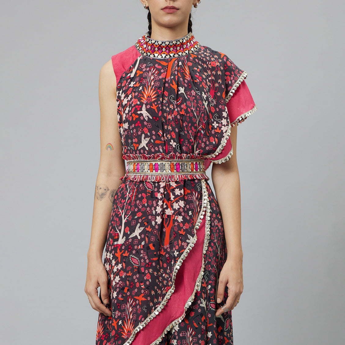 PINK CROP TOP WITH CONCRETE JUNGLE PRINT DRAPE AND PINK SOLID PLAIN SILK DRAPE WITH CONCRETE JUNGLE SHARARA PANTS