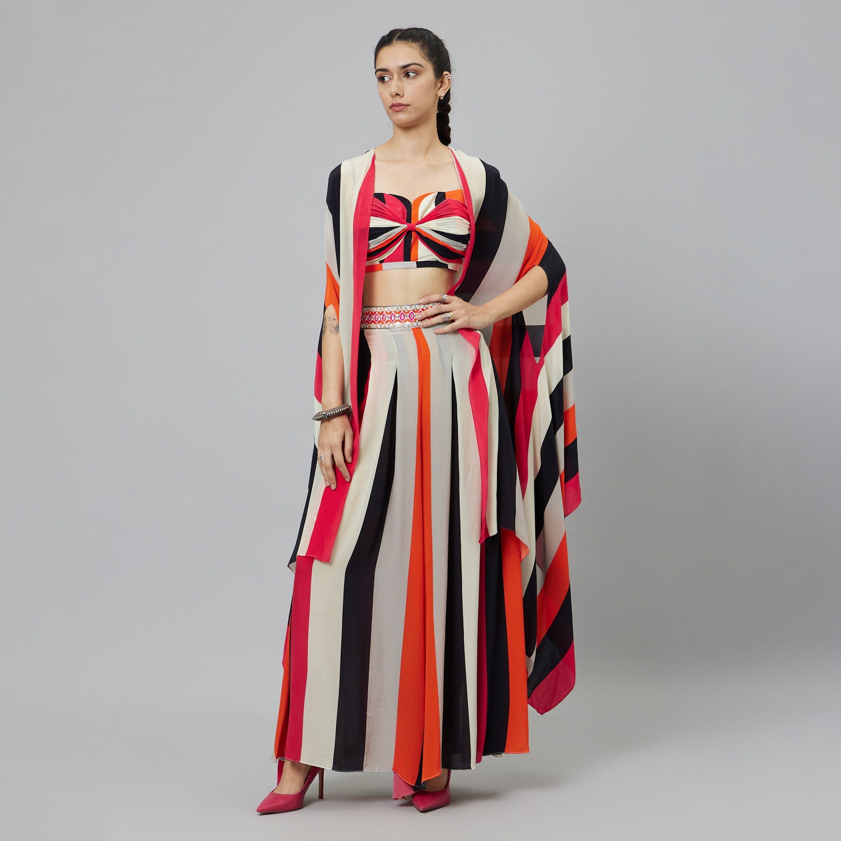 SHAHAR STRIPE PRINT BIKINI BUSTIER WITH BOX PLEATED PANTS AND CAPE