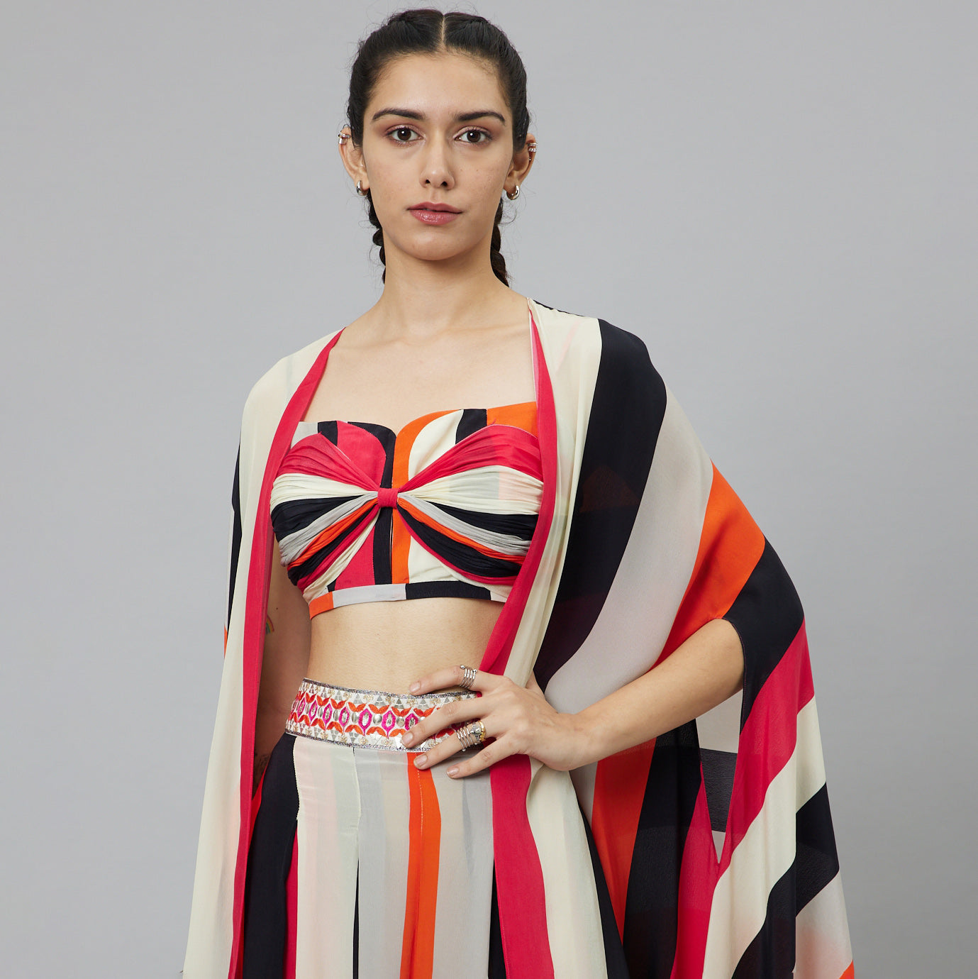 SHAHAR STRIPE PRINT BIKINI BUSTIER WITH BOX PLEATED PANTS AND CAPE