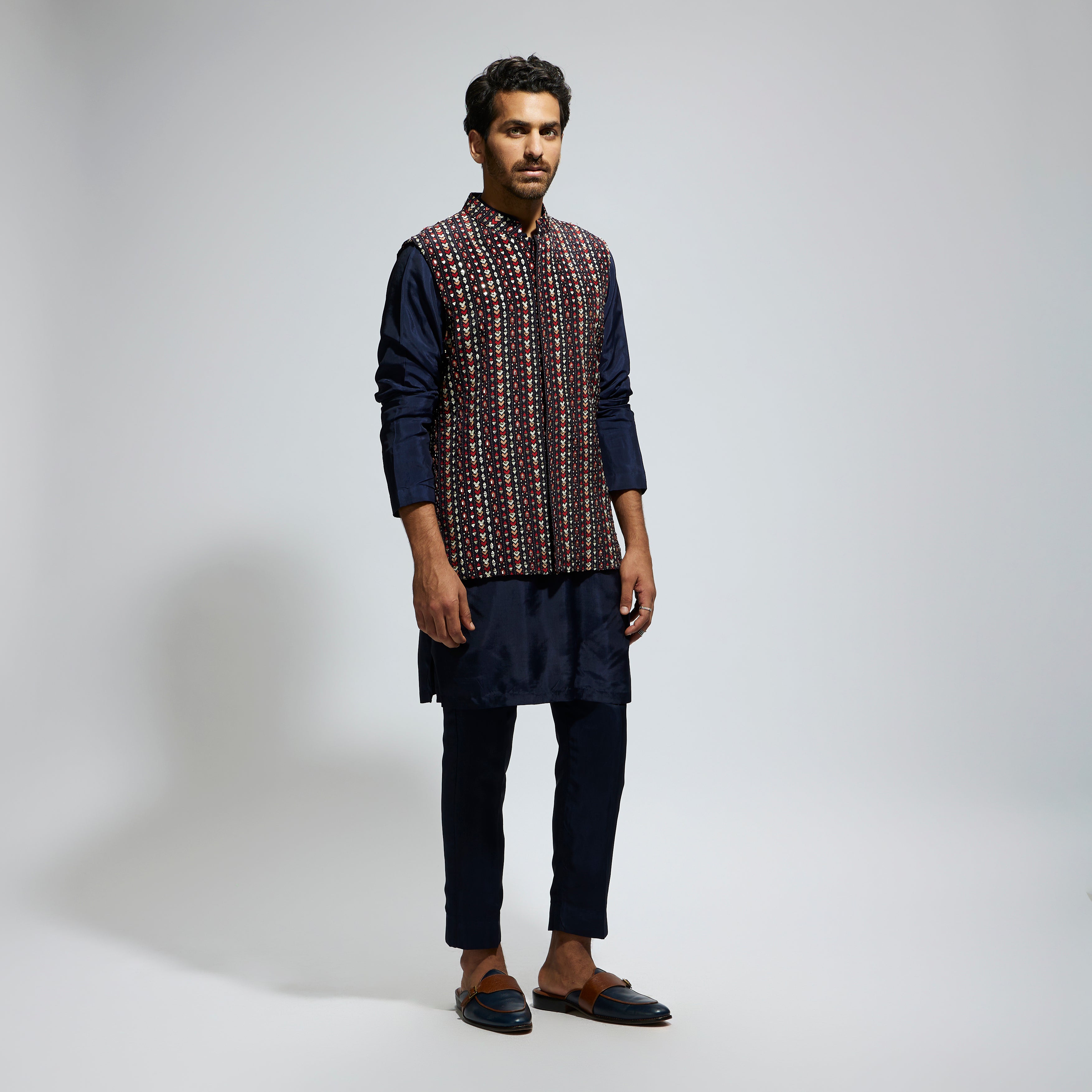 BLUE BOHO GEO EMBELLISHED BUNDI
 PAIRED WITH SOLID BLUE KURTA AND PANTS