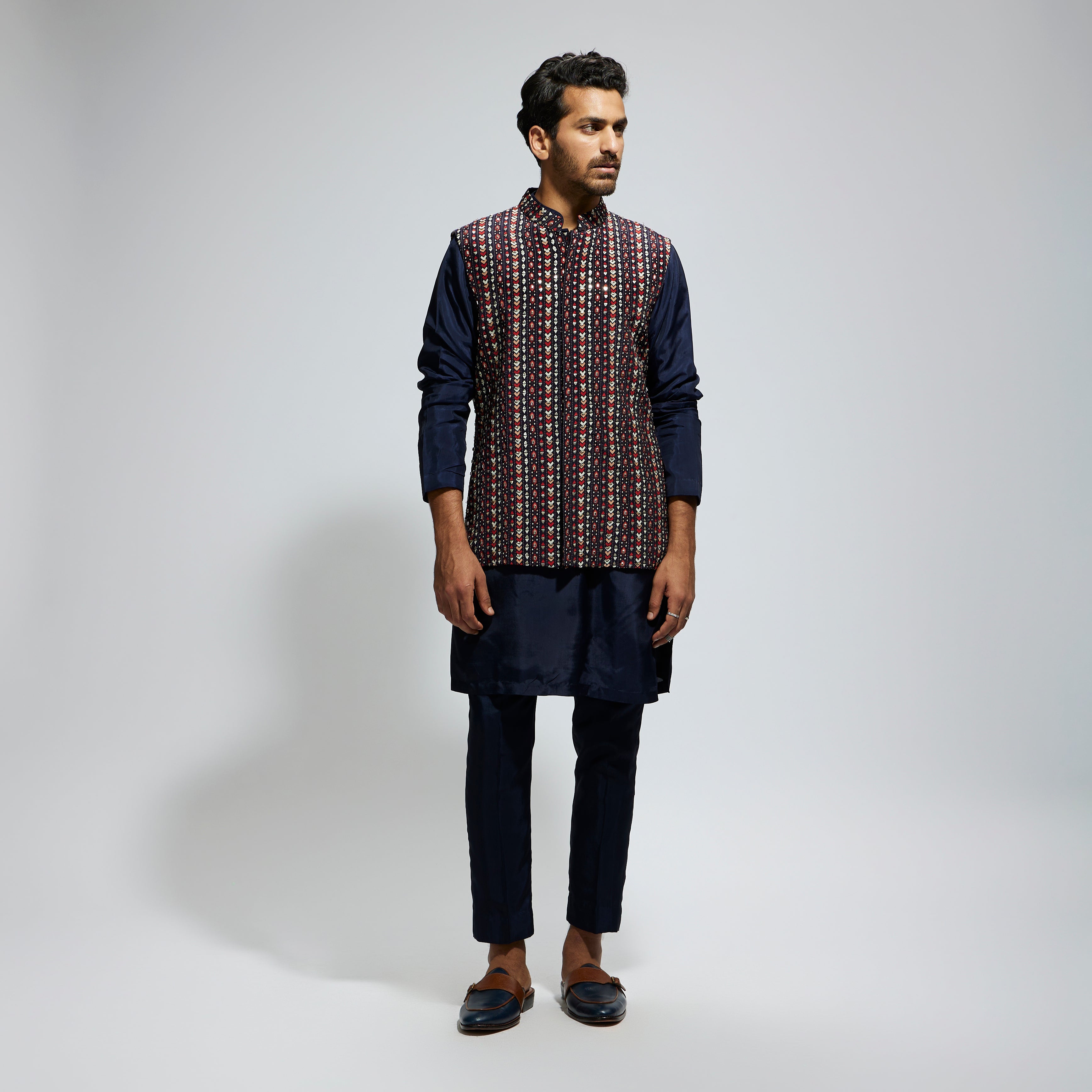 BLUE BOHO GEO EMBELLISHED BUNDI
 PAIRED WITH SOLID BLUE KURTA AND PANTS