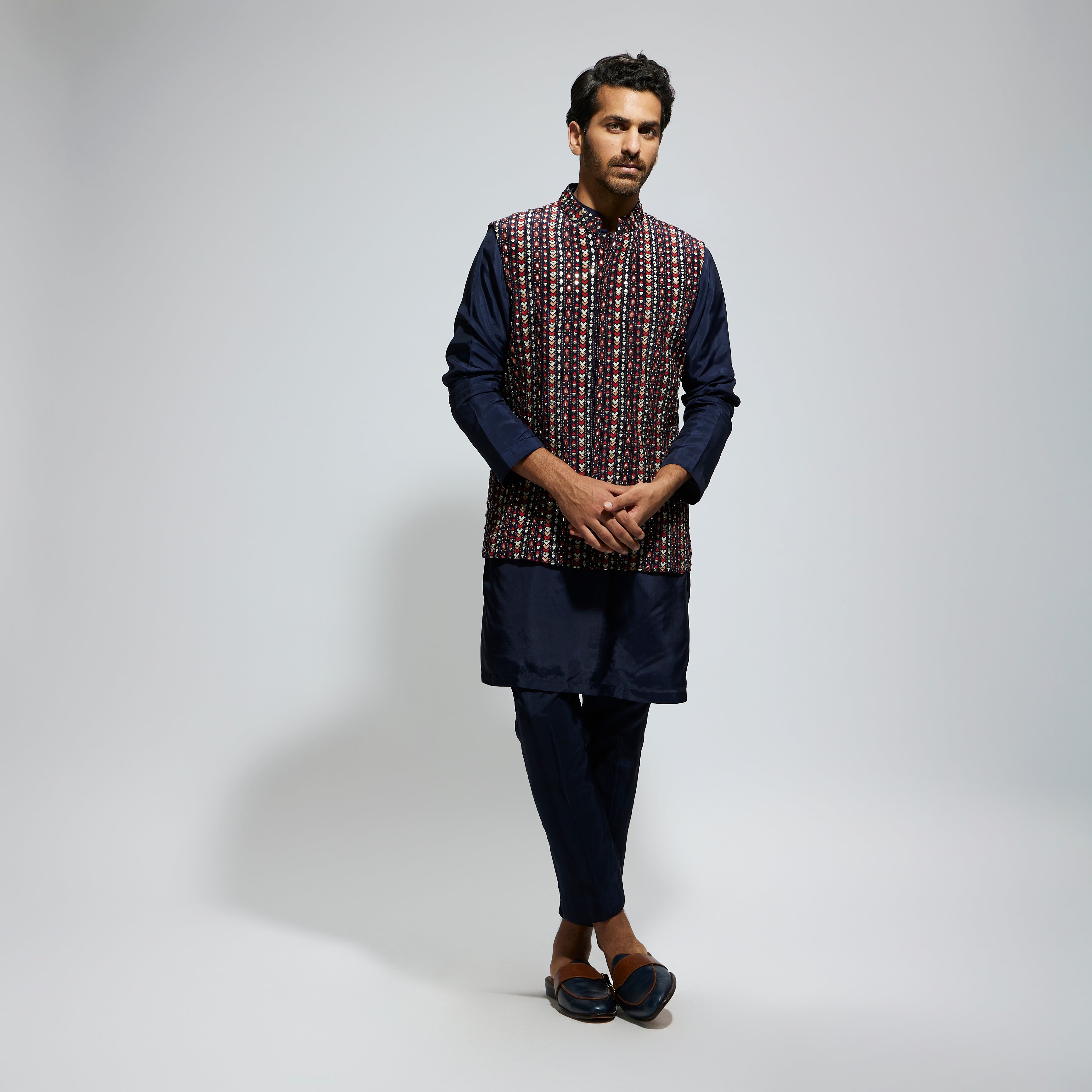 BLUE BOHO GEO EMBELLISHED BUNDI
 PAIRED WITH SOLID BLUE KURTA AND PANTS