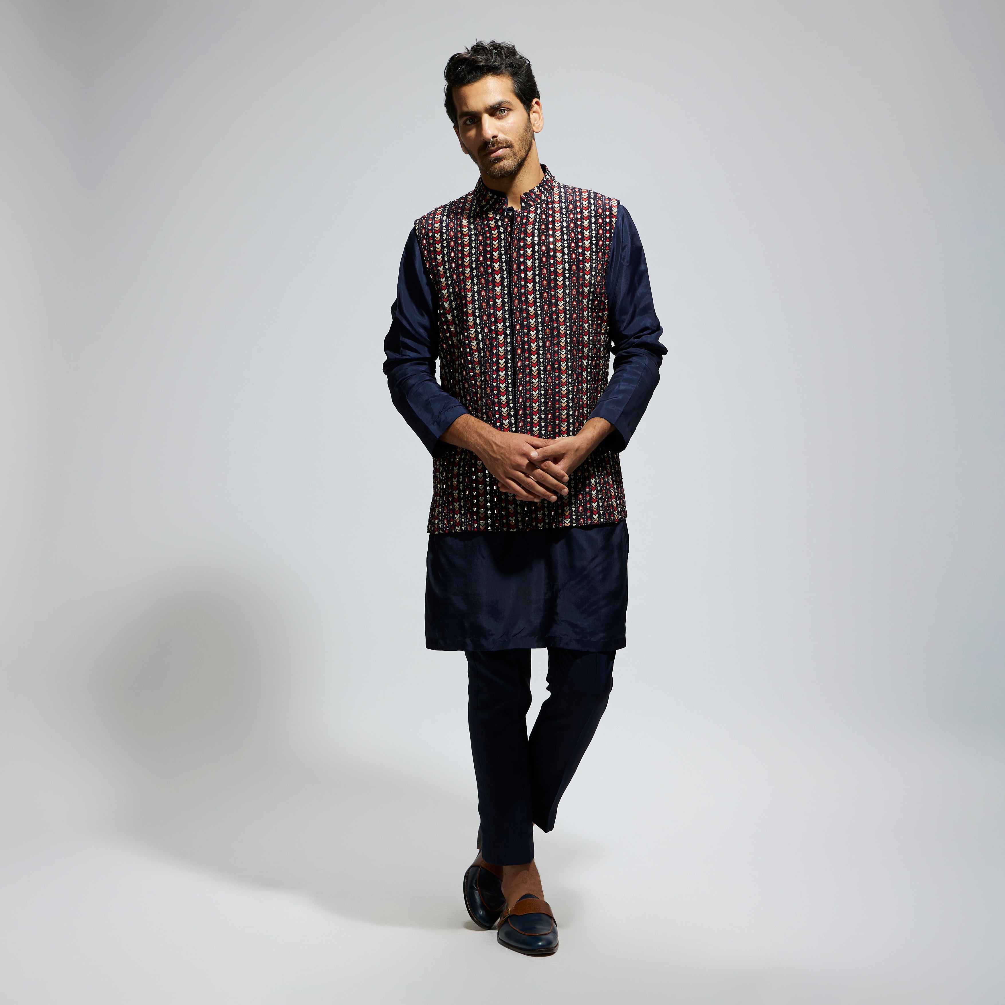 BLUE BOHO GEO EMBELLISHED BUNDI
 PAIRED WITH SOLID BLUE KURTA AND PANTS