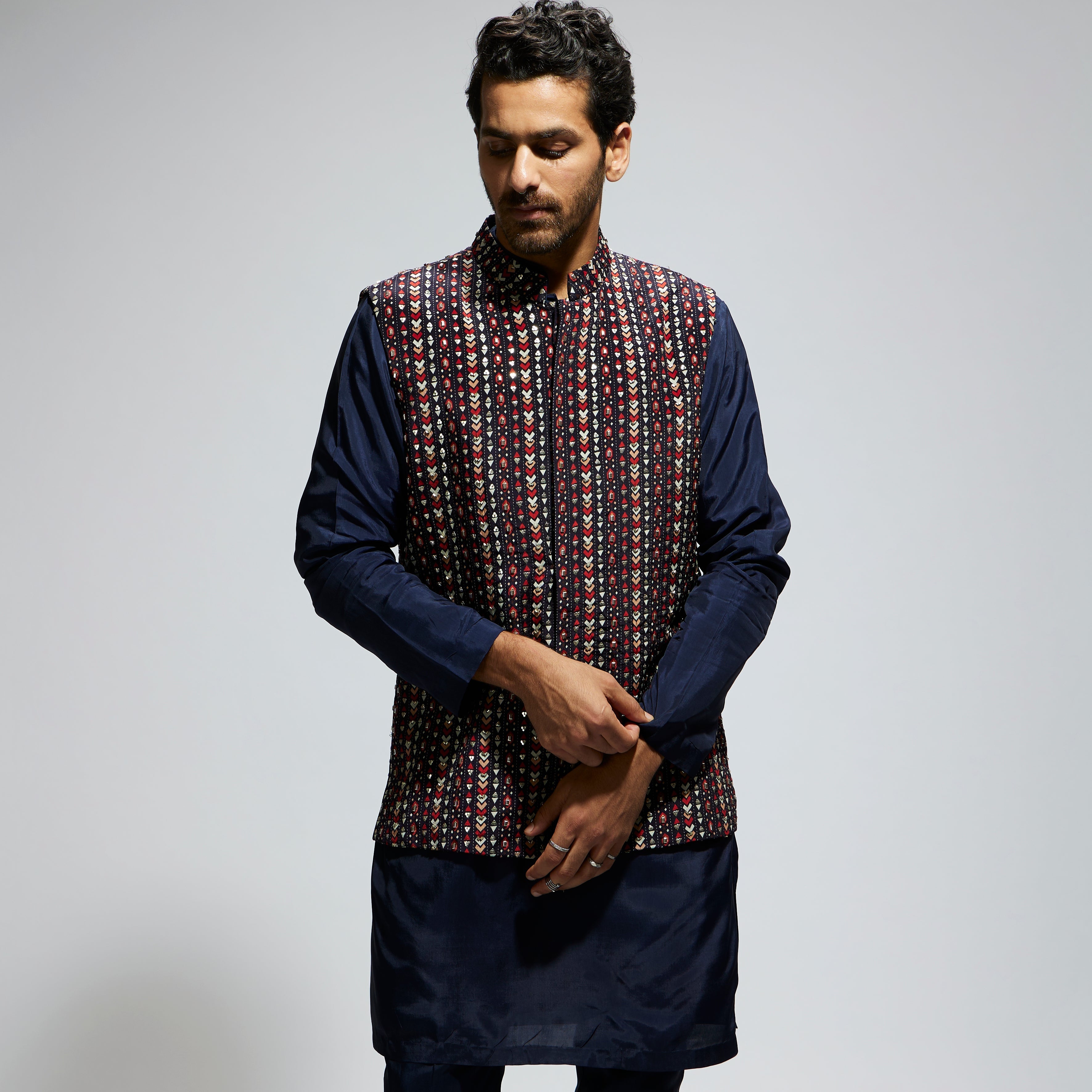 BLUE BOHO GEO EMBELLISHED BUNDI
 PAIRED WITH SOLID BLUE KURTA AND PANTS