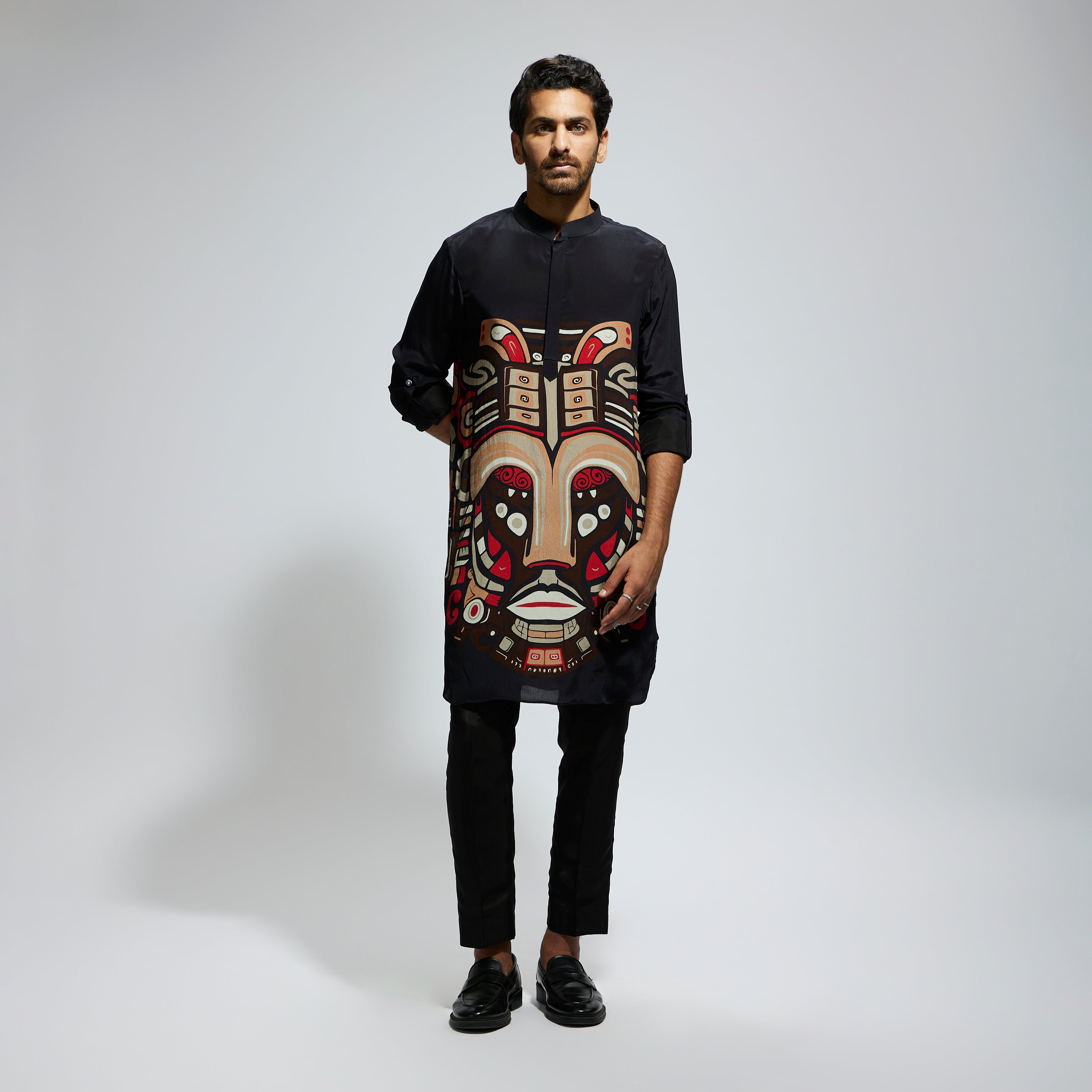 BLACK MASK PRINT ROLLED UP SLEEVES KURTA