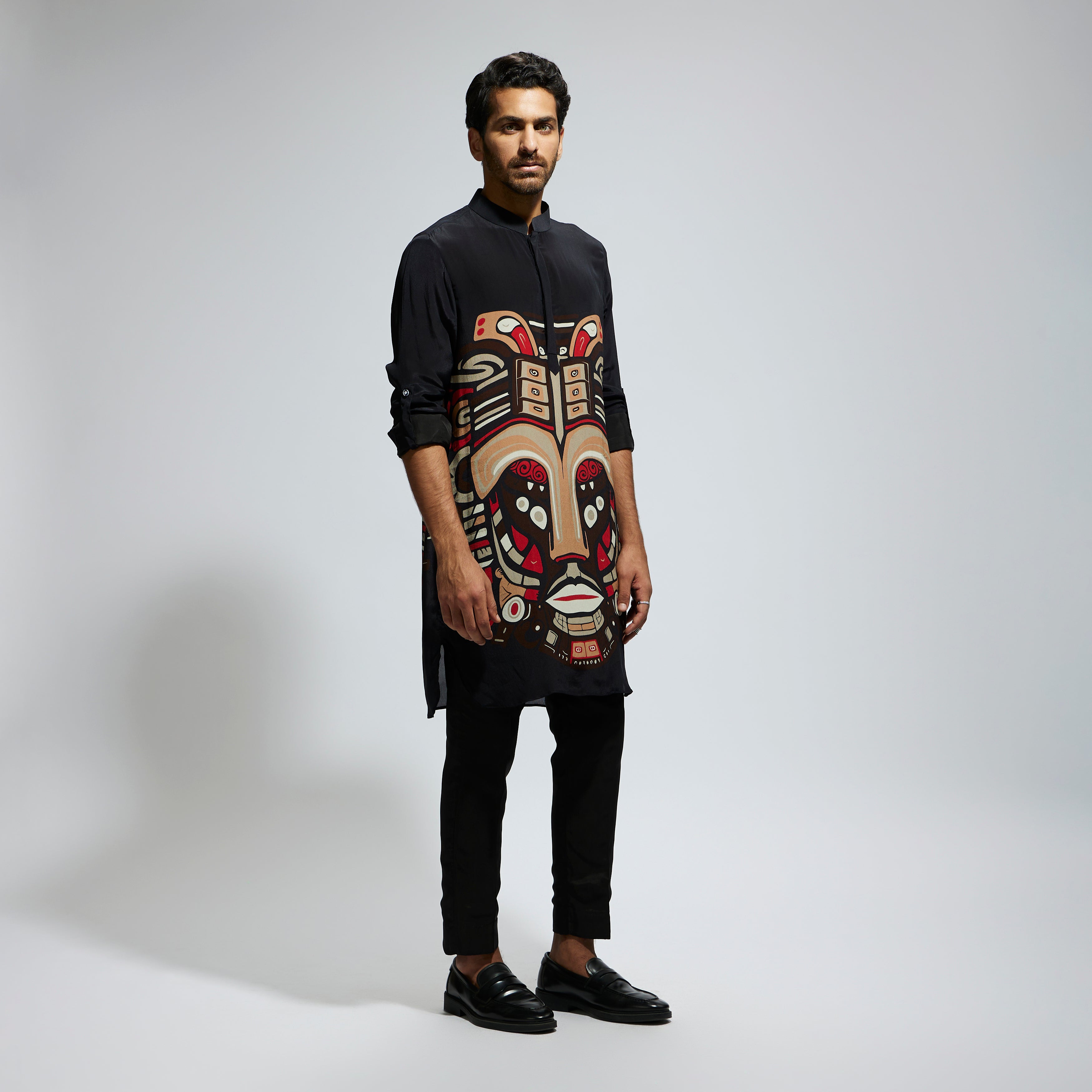 BLACK MASK PRINT ROLLED UP SLEEVES KURTA