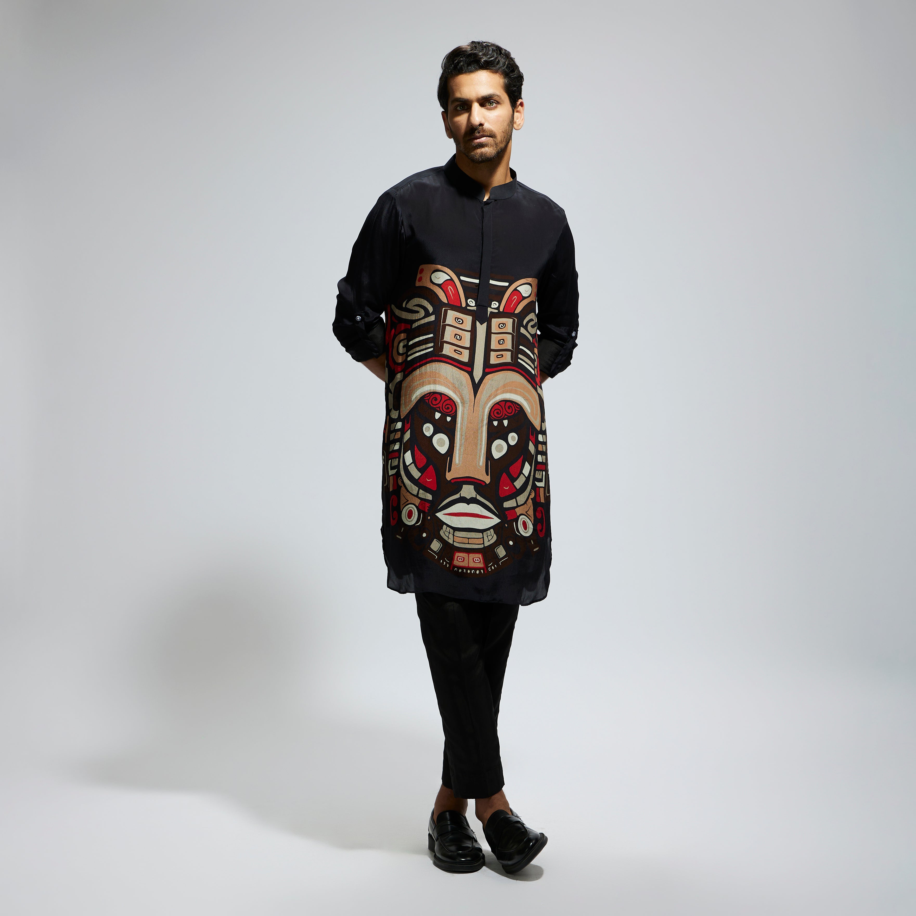 BLACK MASK PRINT ROLLED UP SLEEVES KURTA