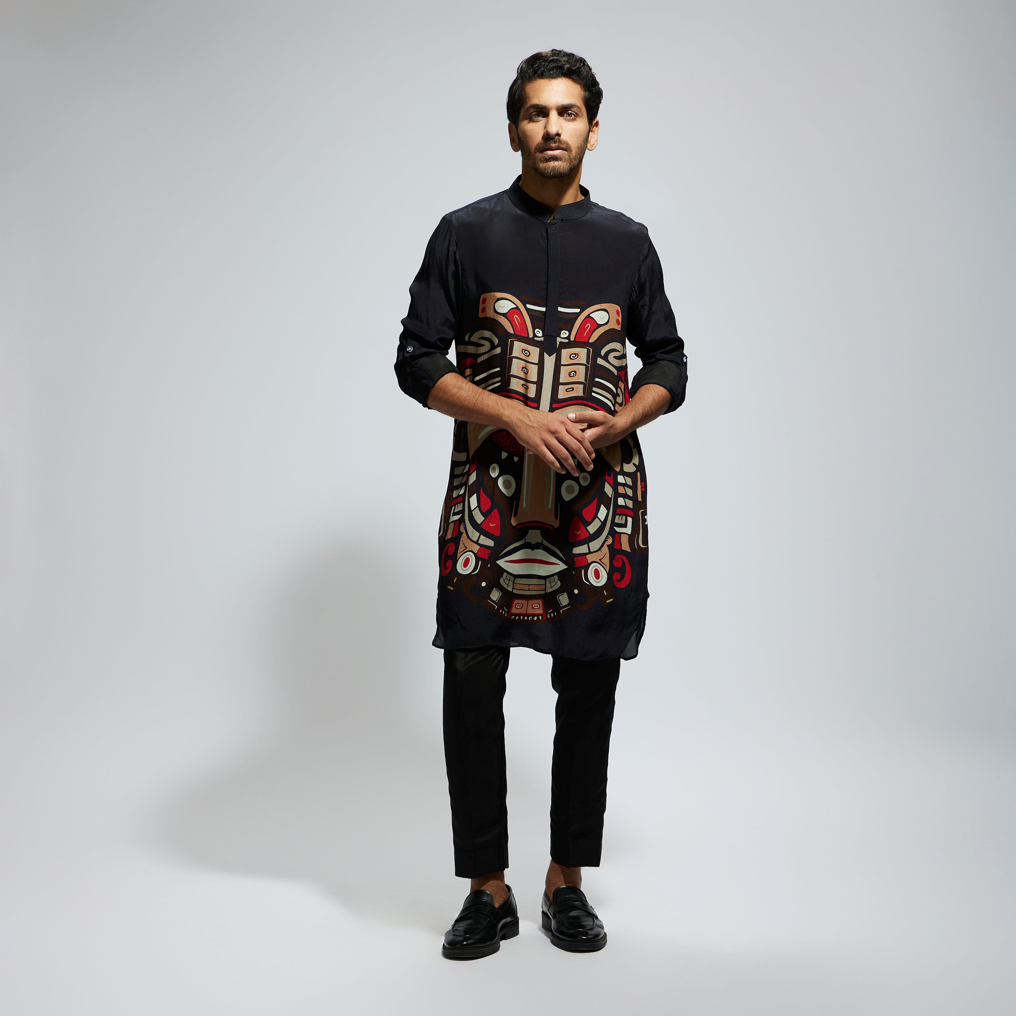 BLACK MASK PRINT ROLLED UP SLEEVES KURTA