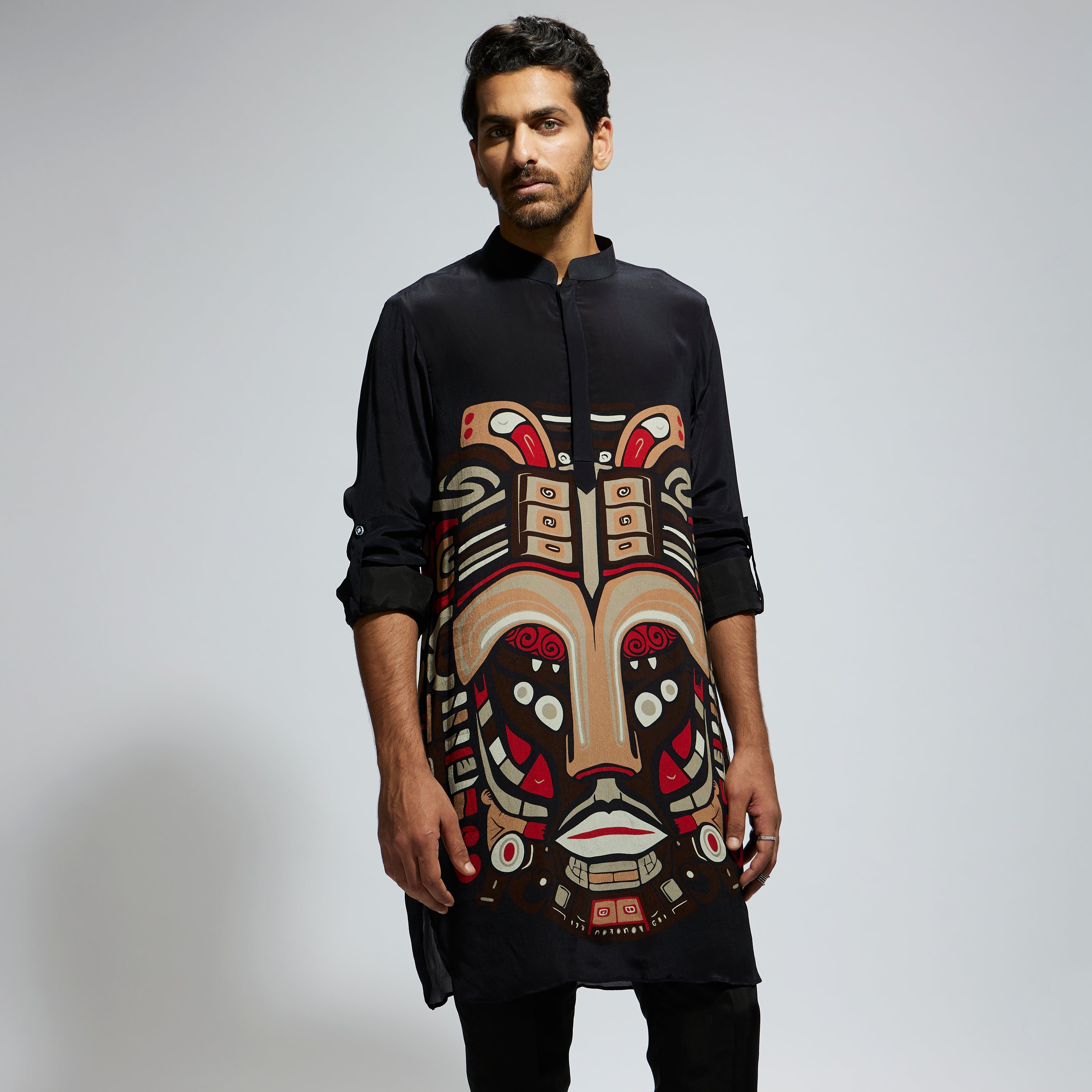 BLACK MASK PRINT ROLLED UP SLEEVES KURTA