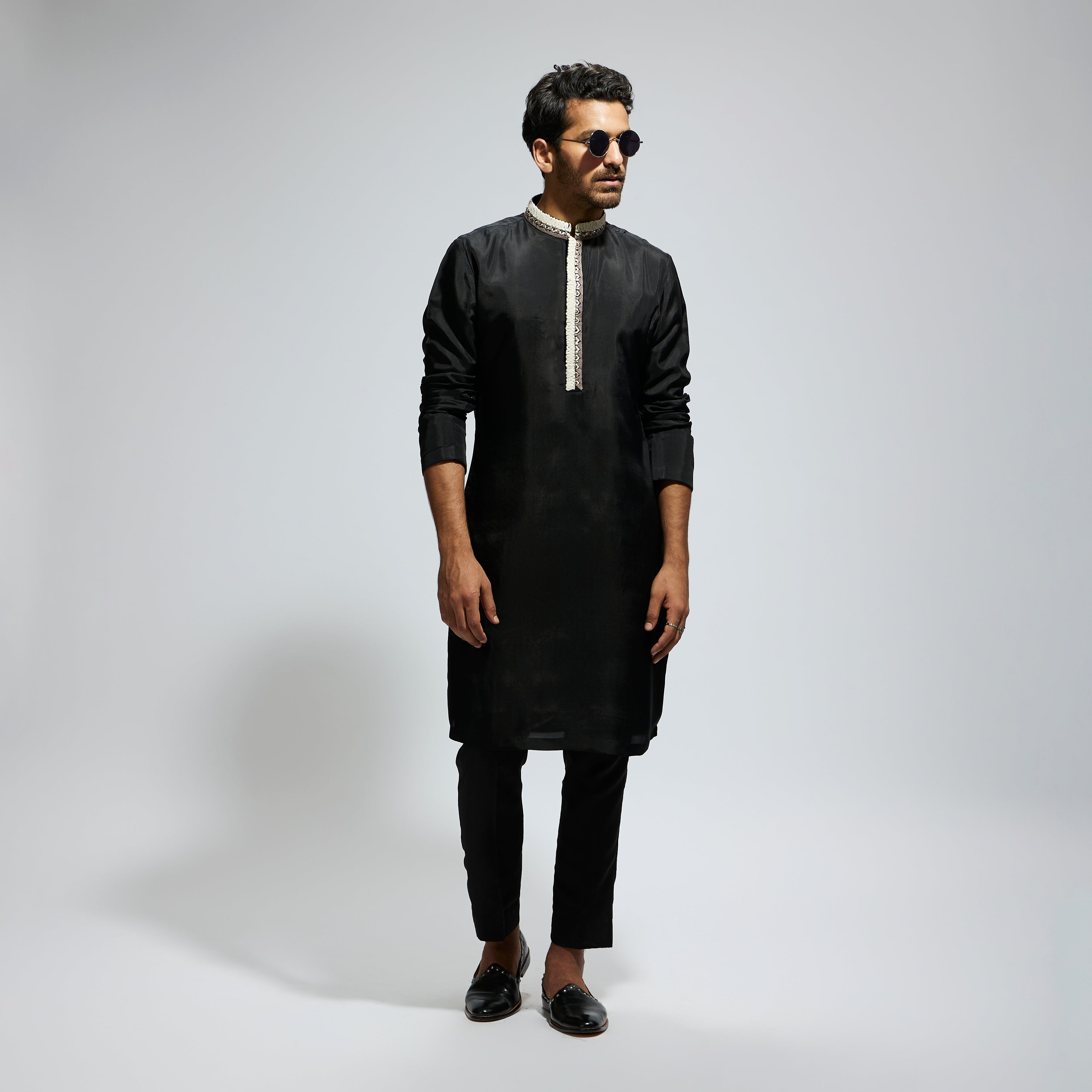 BLACK SOLID KURTA WITH EMB COLLAR AND KURTA WITH PANTS