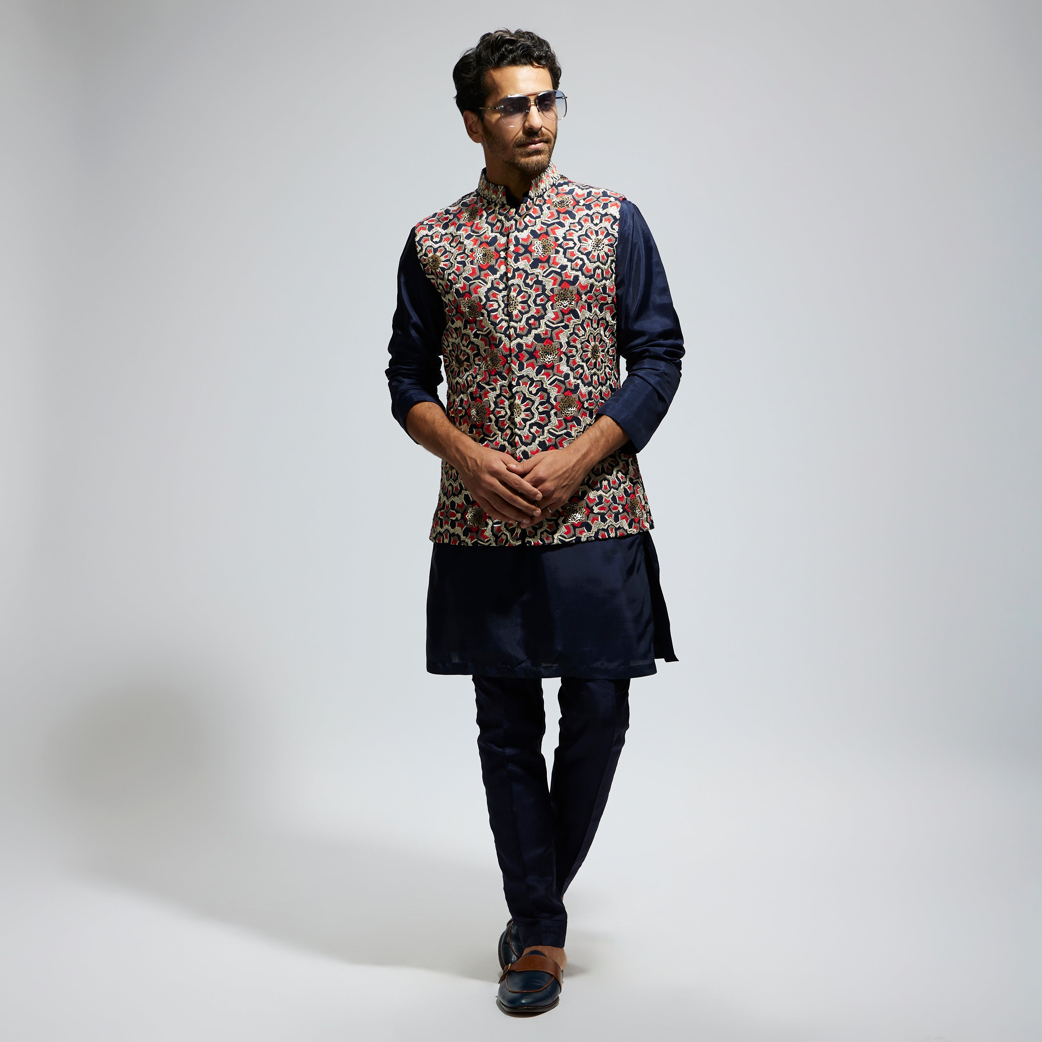 BLUE THREADWORK EMBROIDERED BUNDI WITH BLUE SOLID KURTA AND PANTS