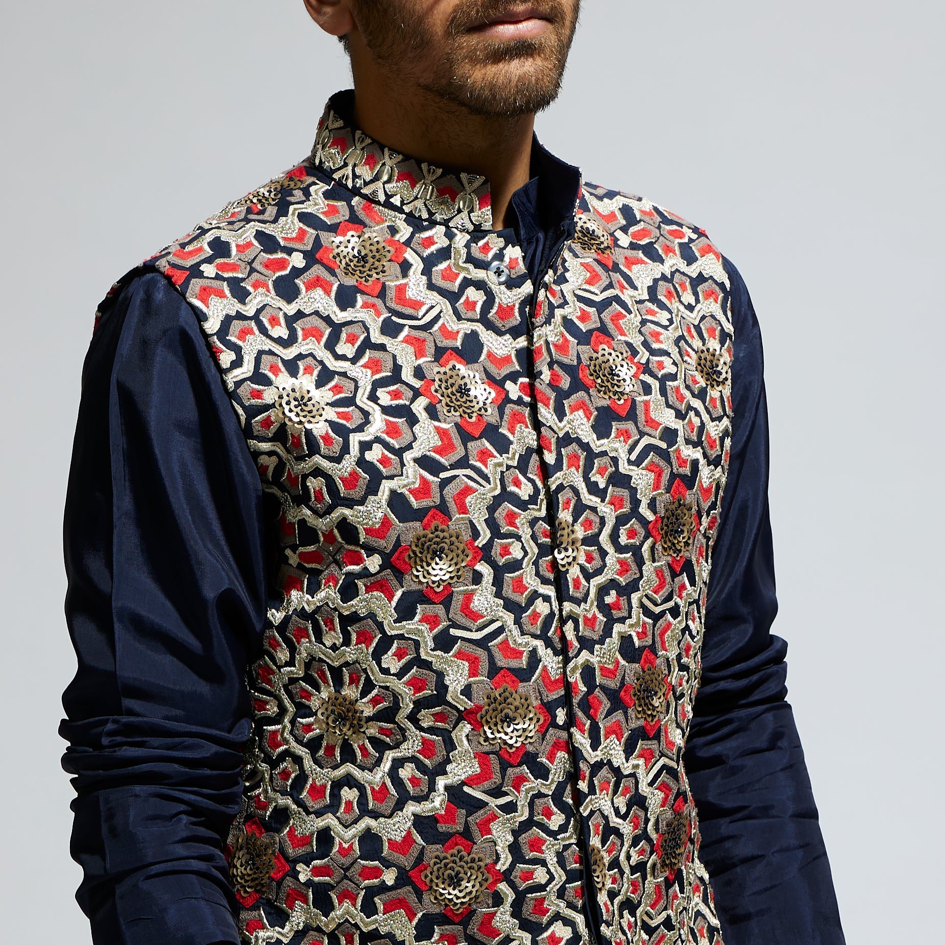 BLUE THREADWORK EMBROIDERED BUNDI WITH BLUE SOLID KURTA AND PANTS