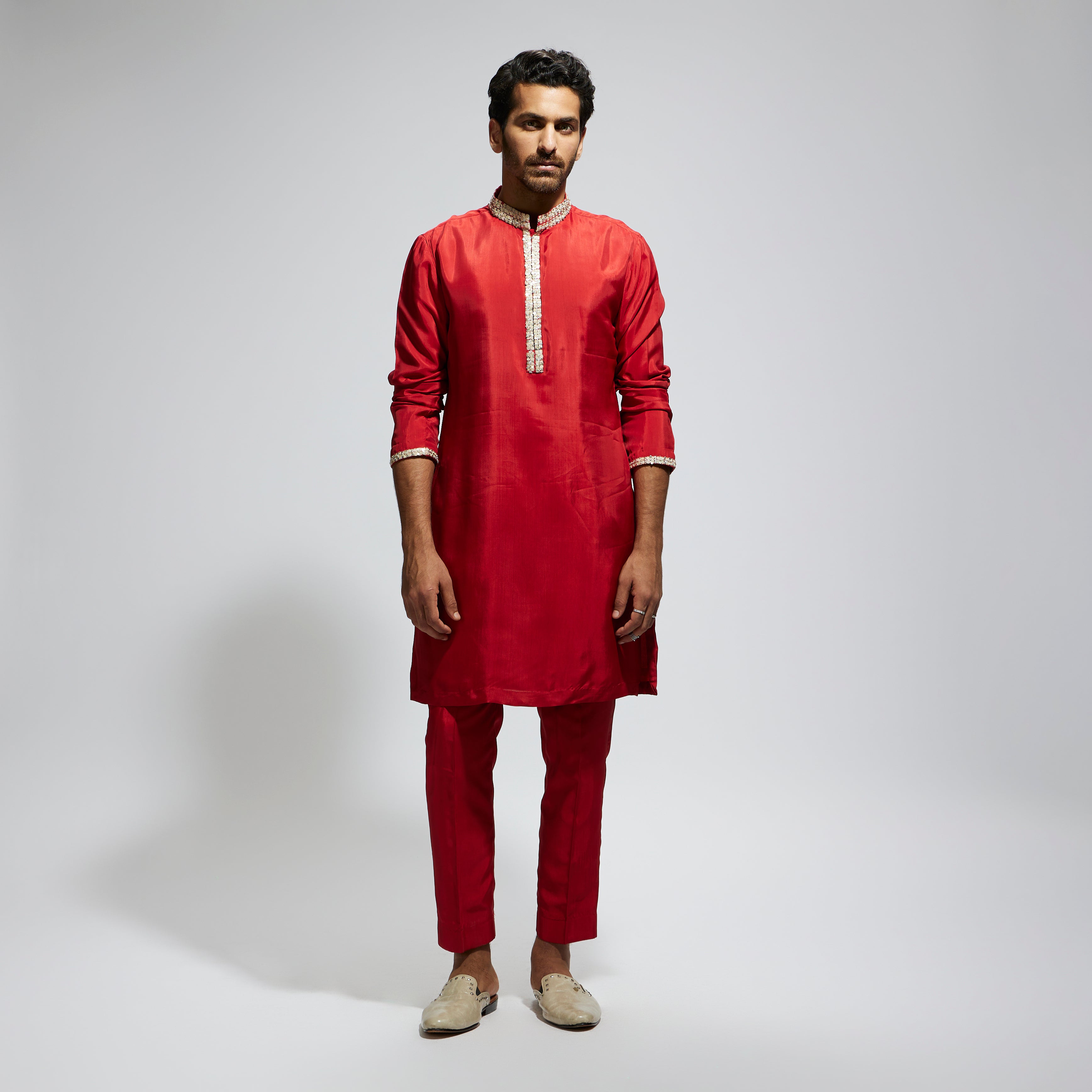 ORANGE SOLID KURTA WITH EMBELLISHED COLLAR AND PANTS