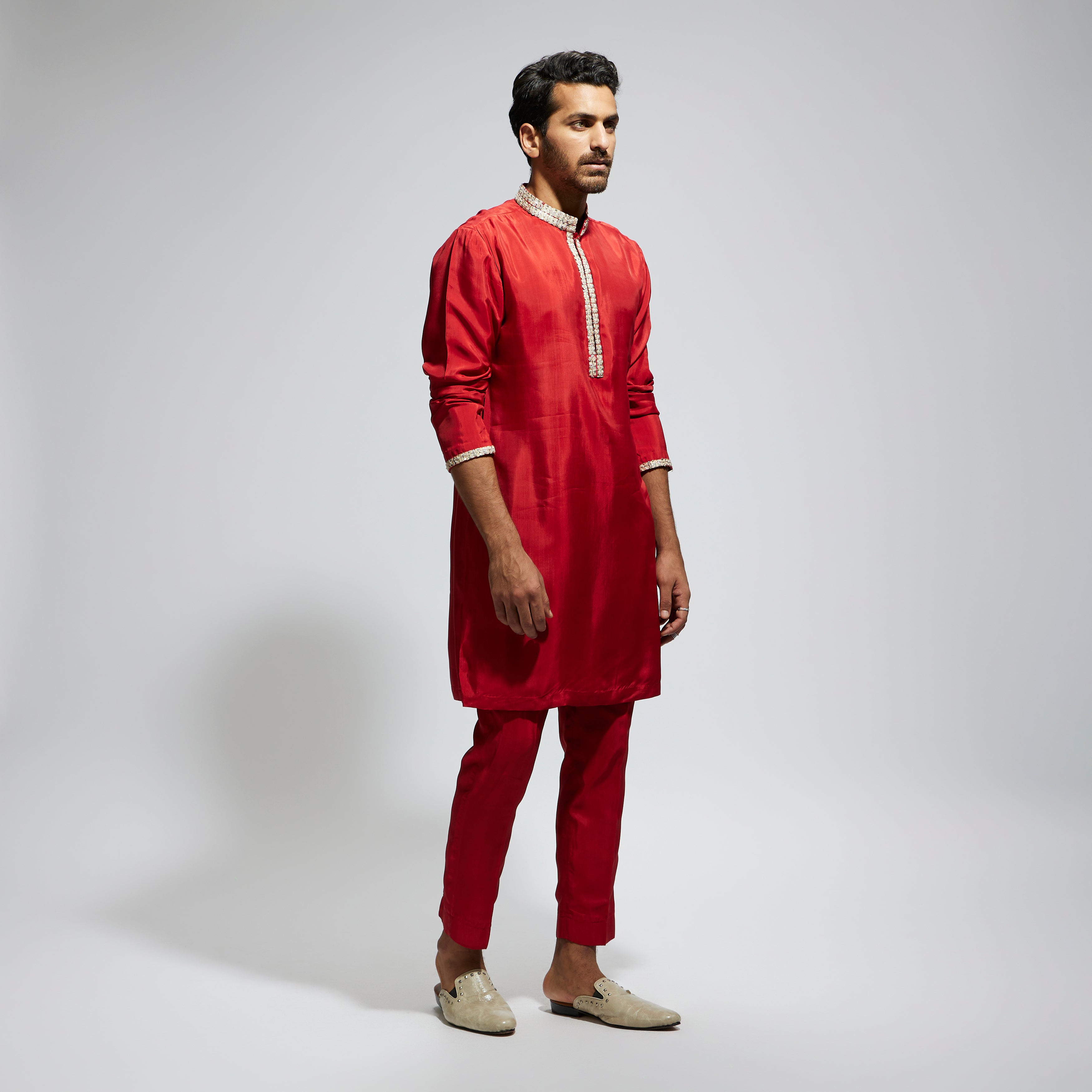 ORANGE SOLID KURTA WITH EMBELLISHED COLLAR AND PANTS