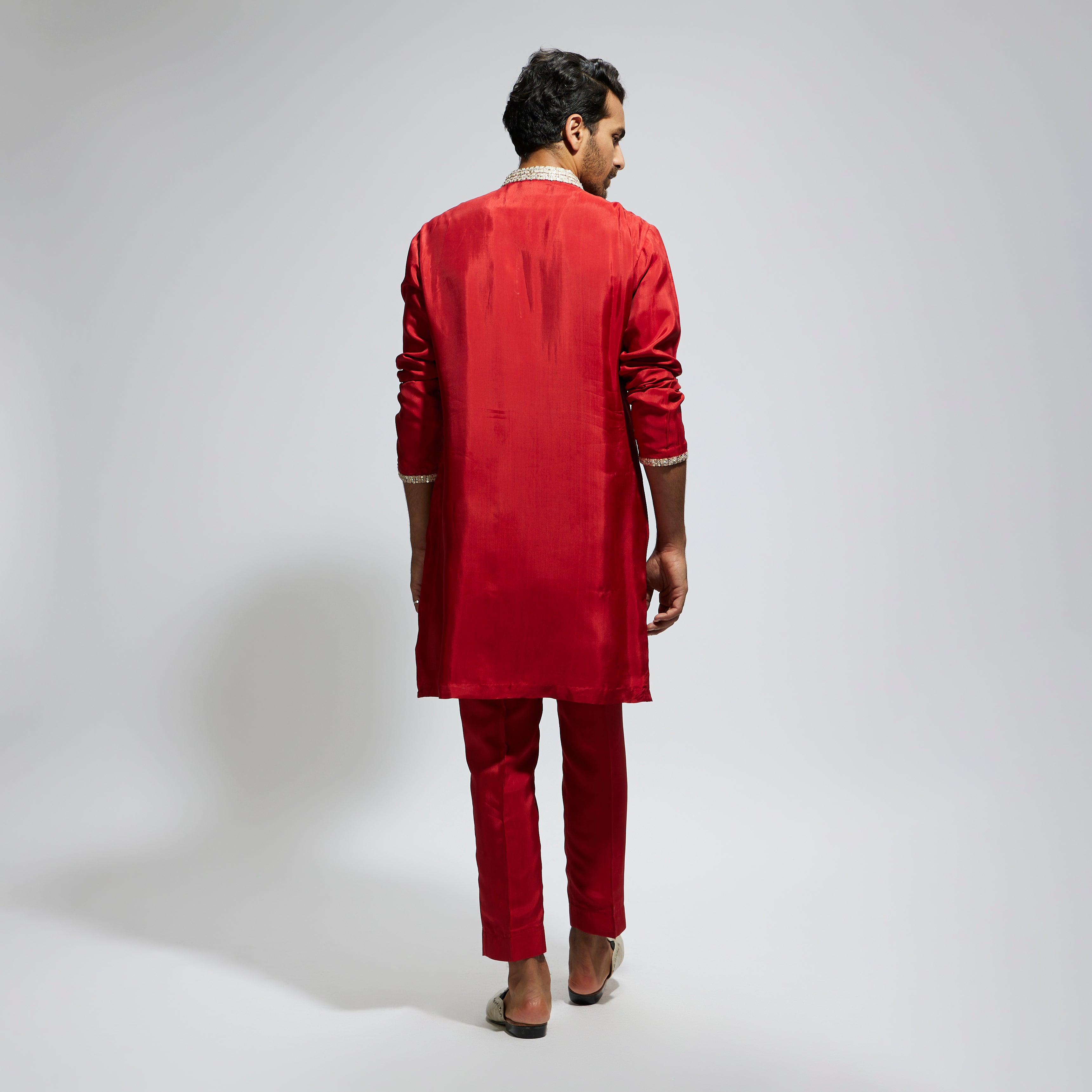 ORANGE SOLID KURTA WITH EMBELLISHED COLLAR AND PANTS