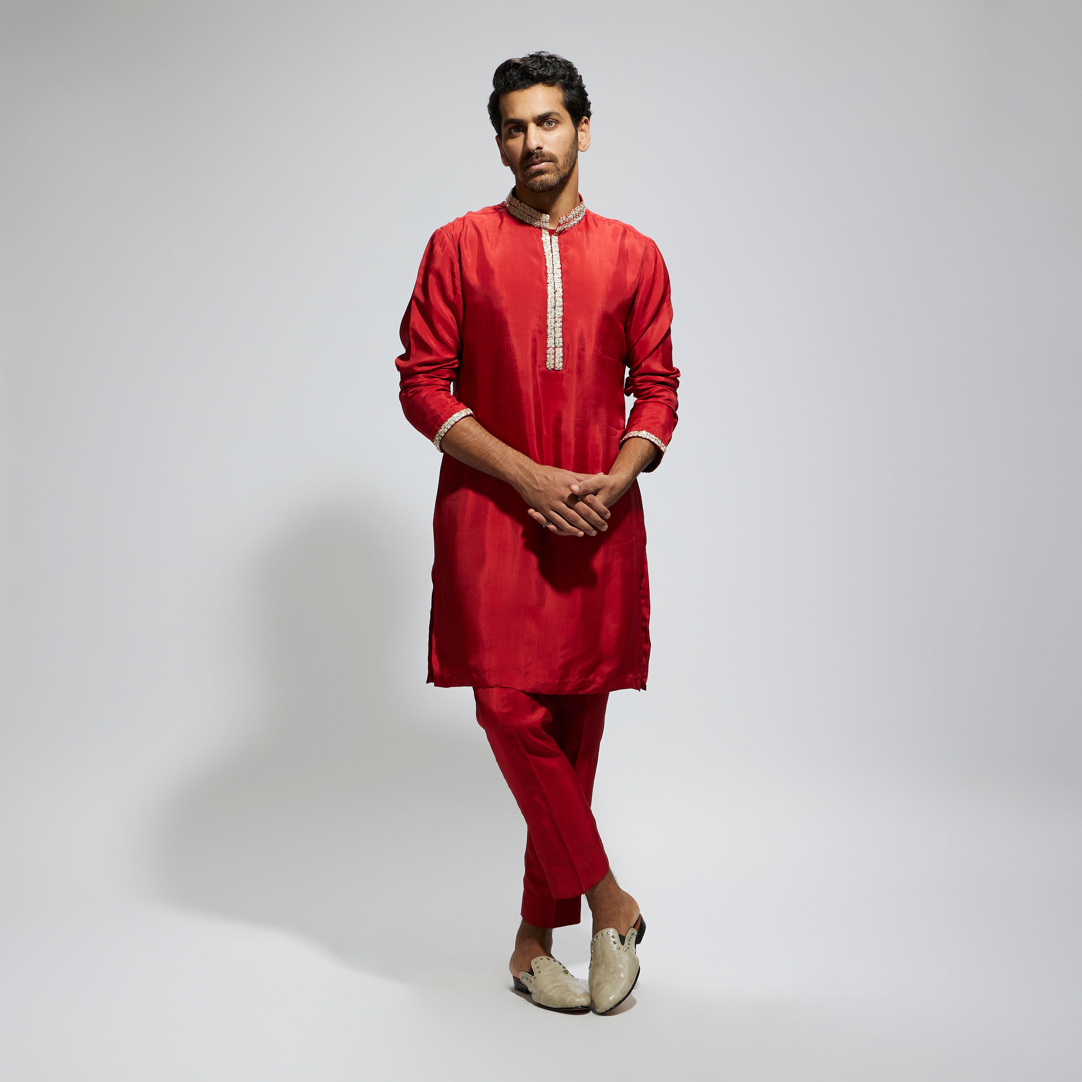 ORANGE SOLID KURTA WITH EMBELLISHED COLLAR AND PANTS