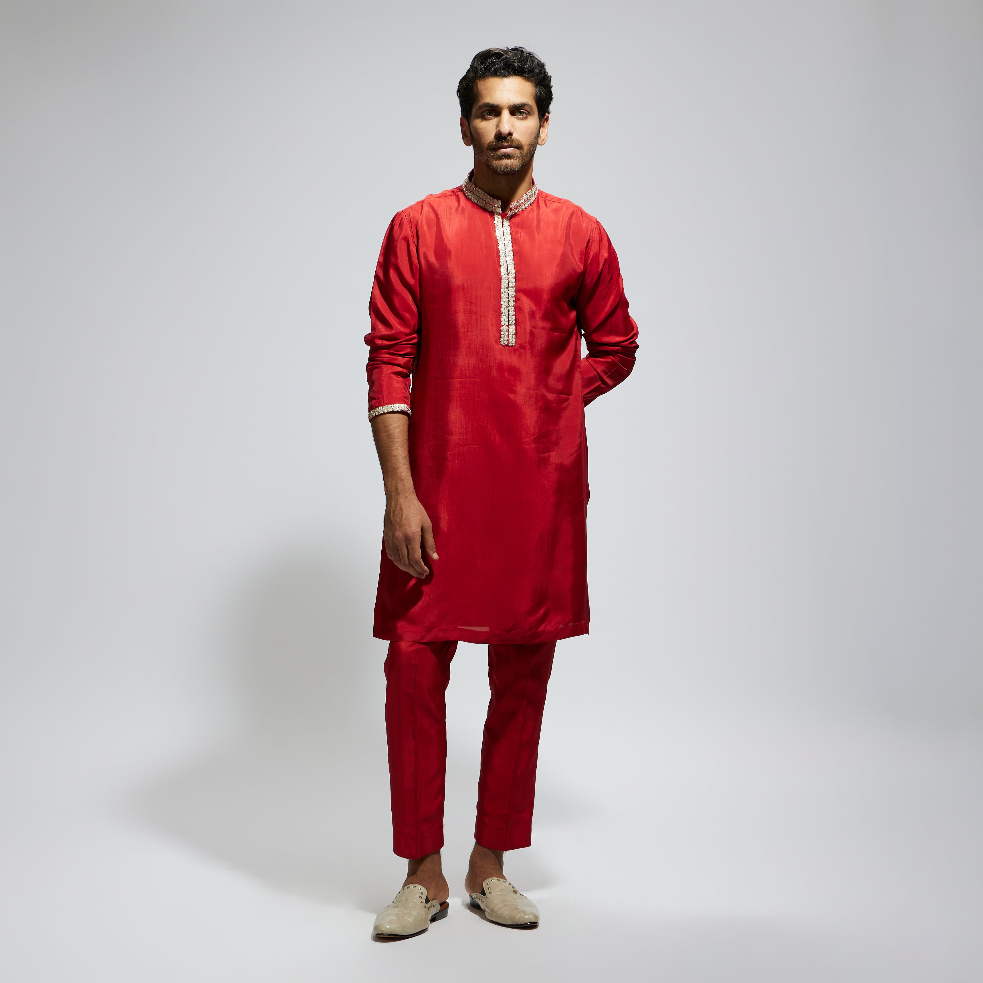 ORANGE SOLID KURTA WITH EMBELLISHED COLLAR AND PANTS