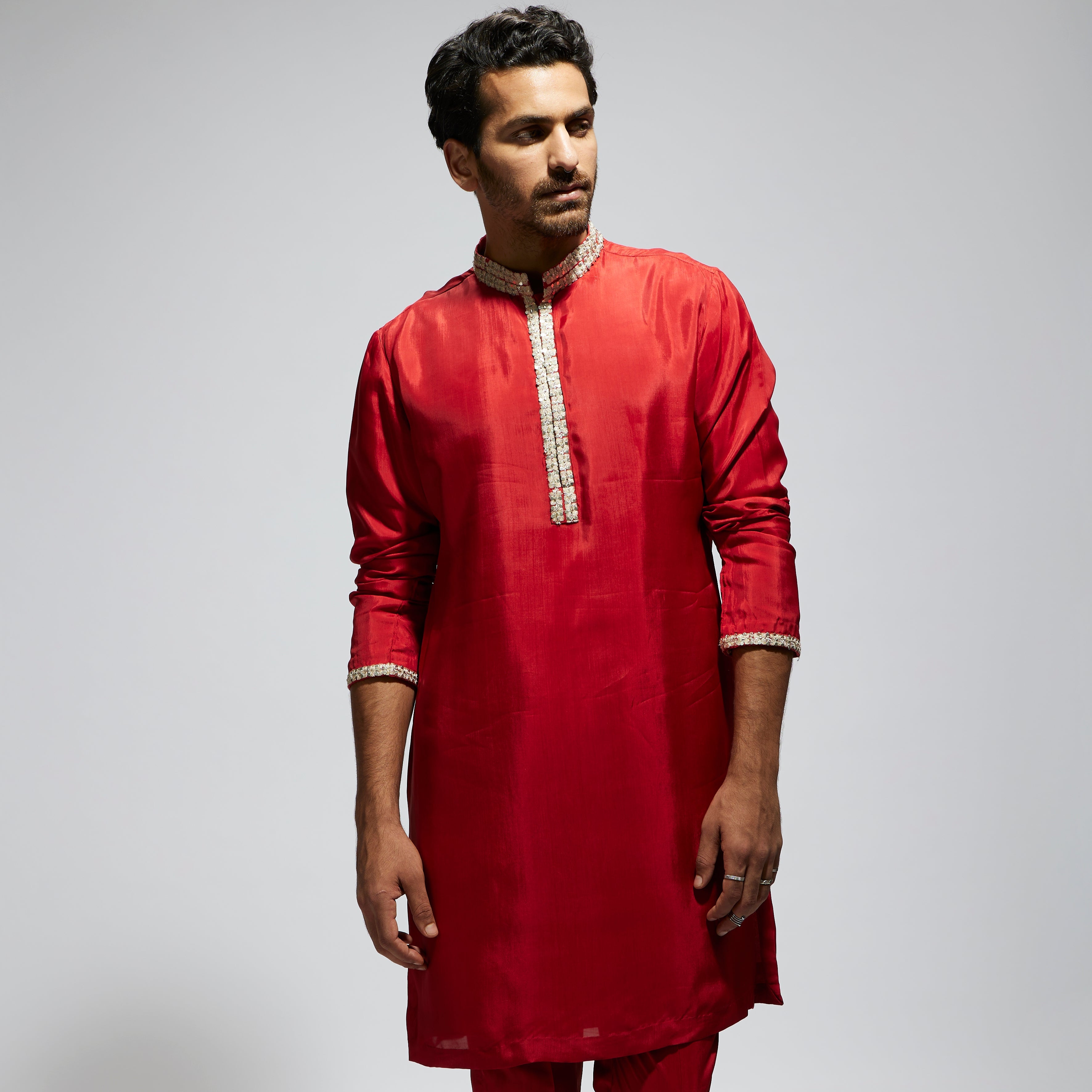 ORANGE SOLID KURTA WITH EMBELLISHED COLLAR AND PANTS