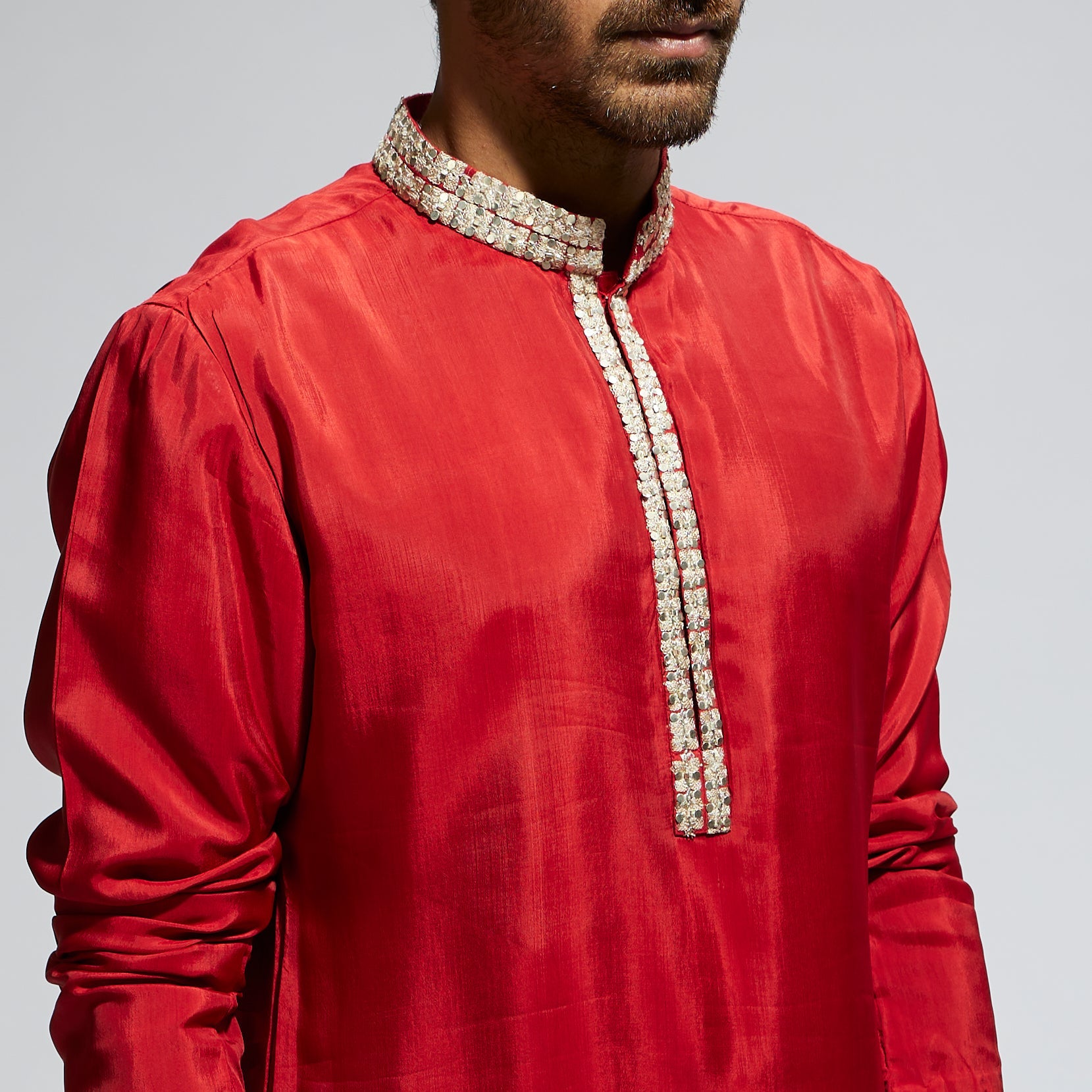 ORANGE SOLID KURTA WITH EMBELLISHED COLLAR AND PANTS