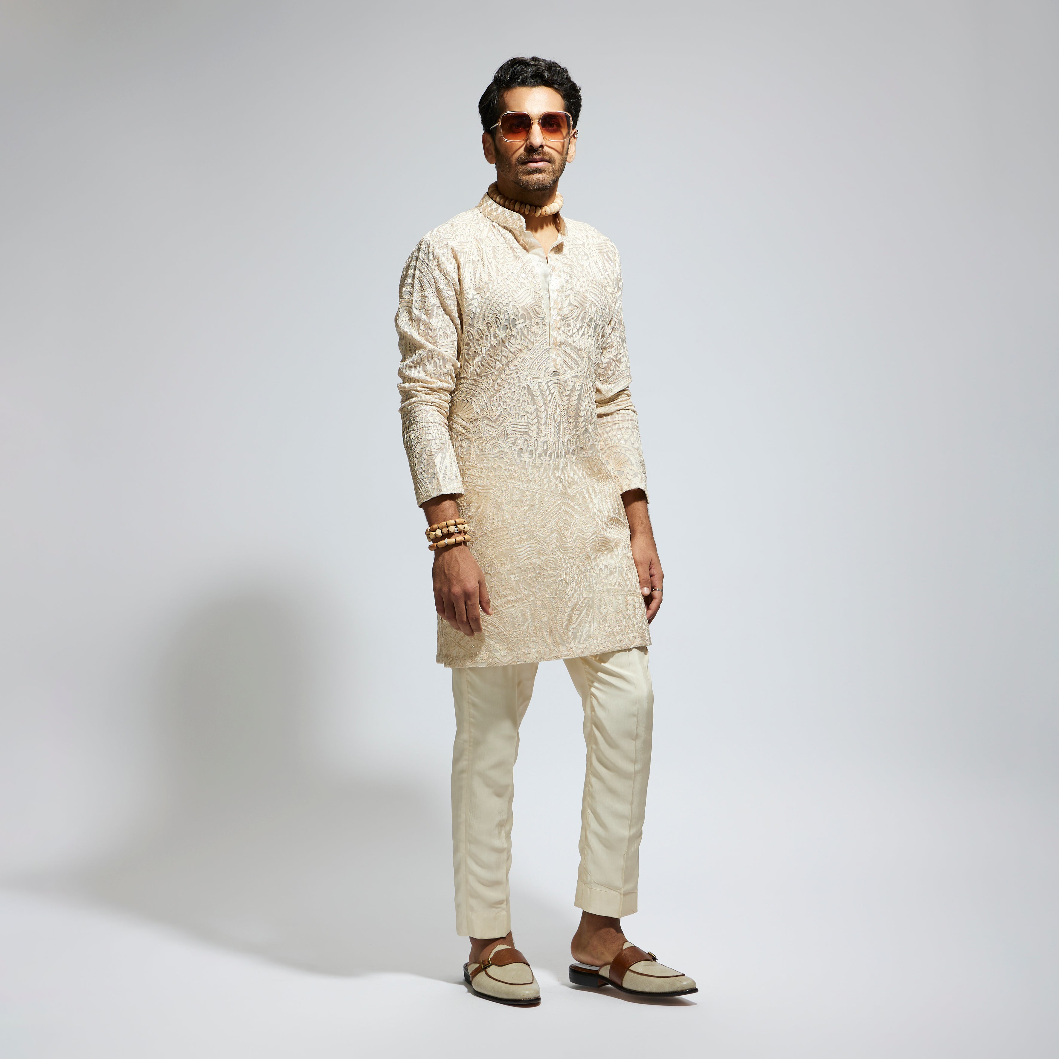 BEIGE ORGANZA EMBROIDERED KURTA WITH PANTS