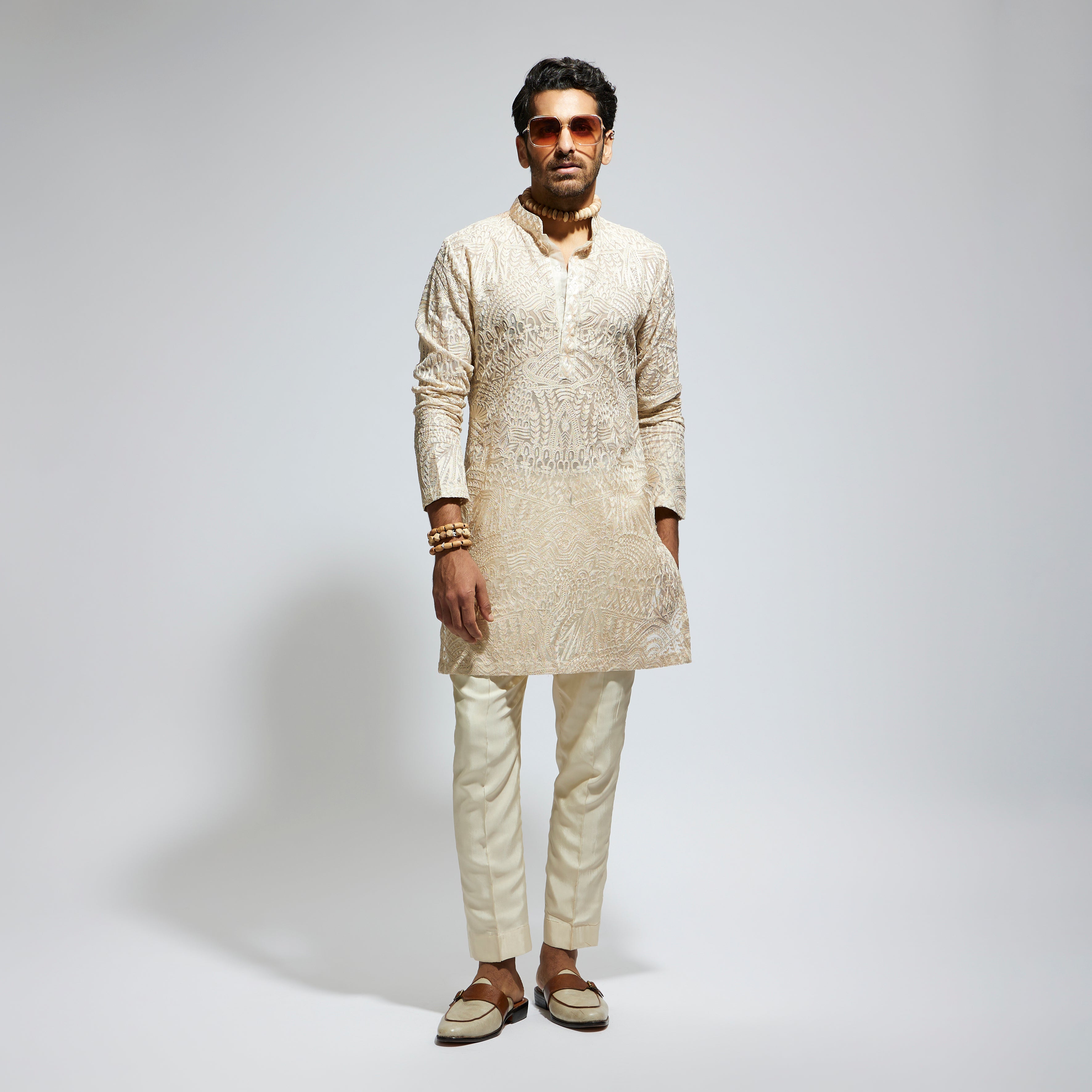 BEIGE ORGANZA EMBROIDERED KURTA WITH PANTS