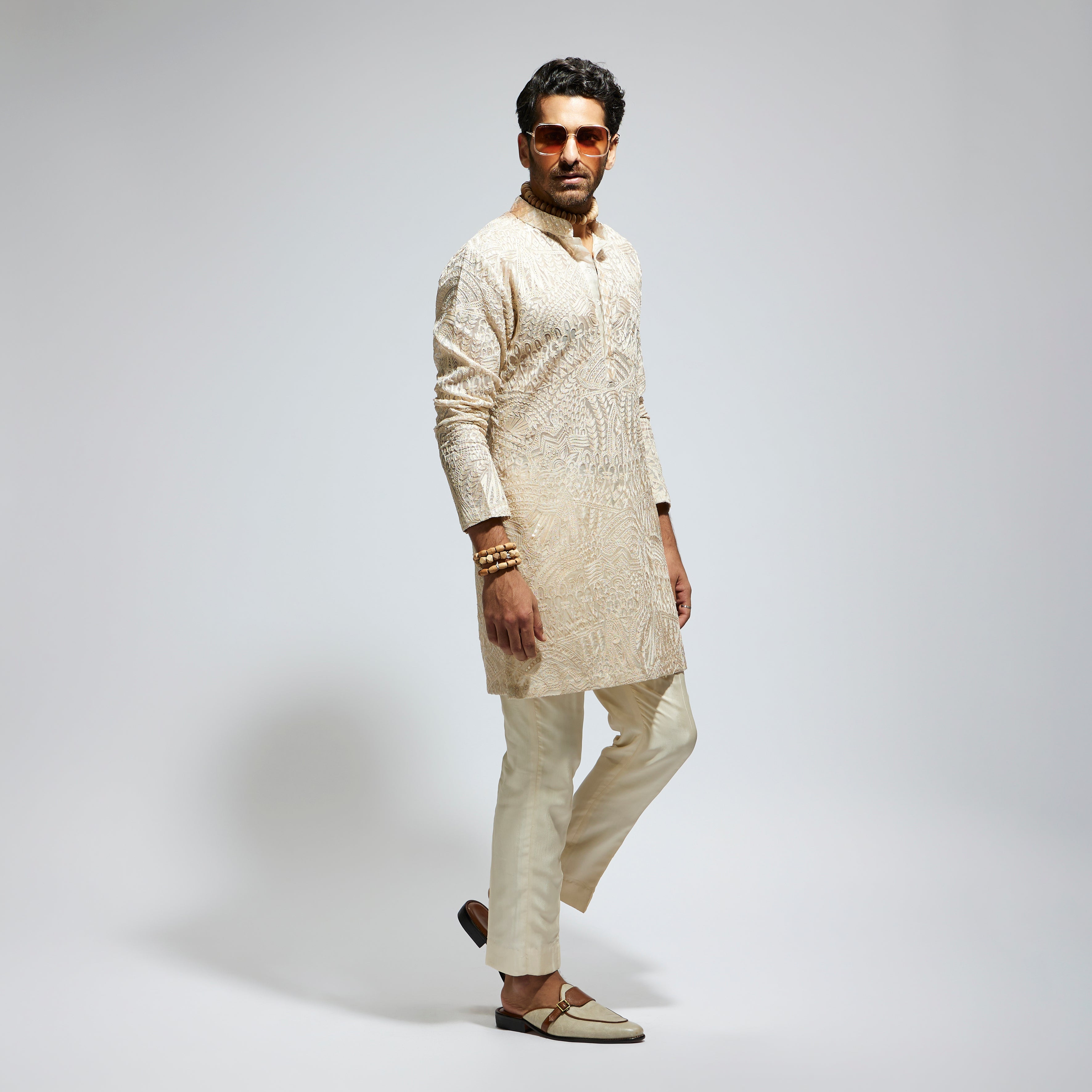 BEIGE ORGANZA EMBROIDERED KURTA WITH PANTS