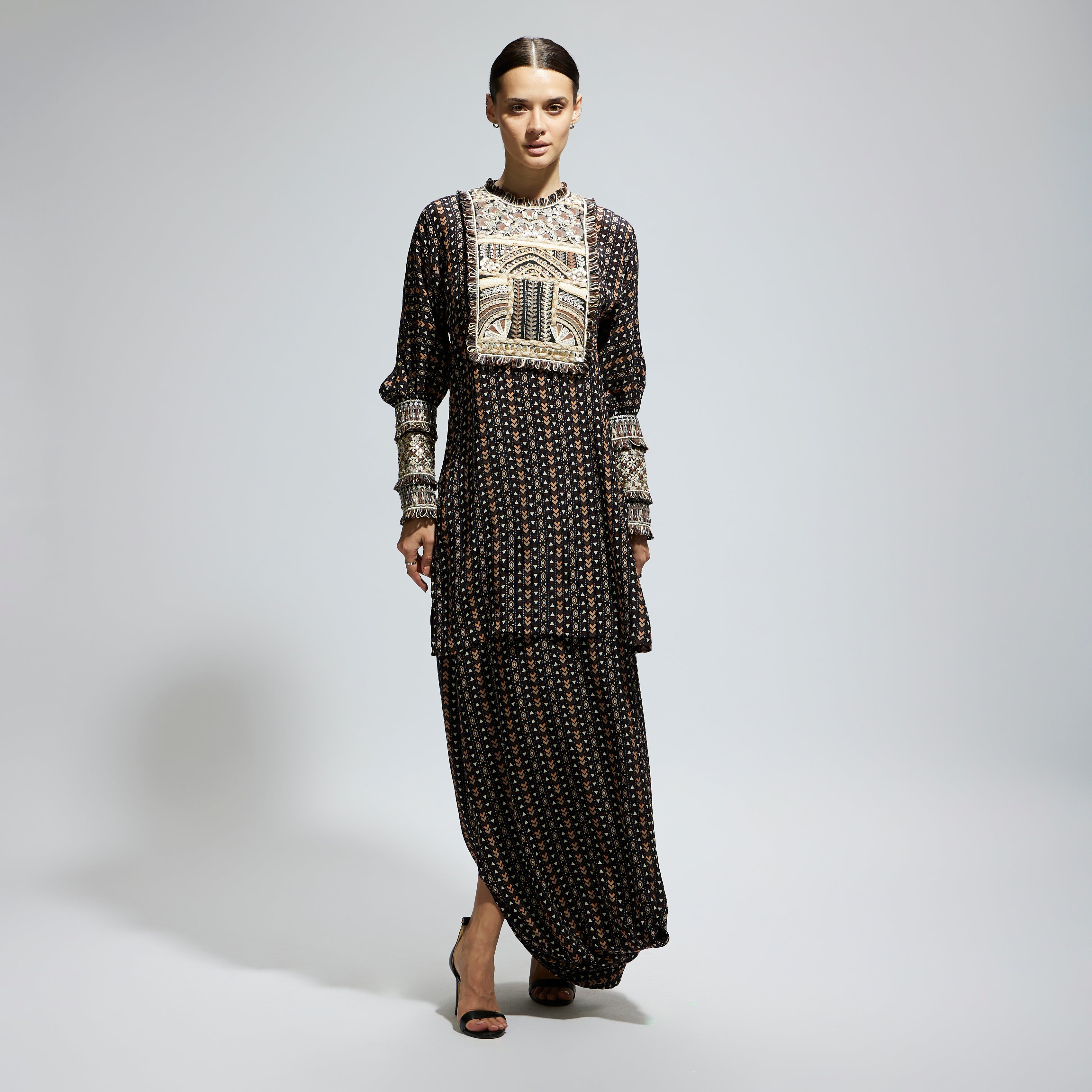 BLACK BOHO PRINTED YOKE EMBROIDERED KURTA WITH DRAPE SKIRT