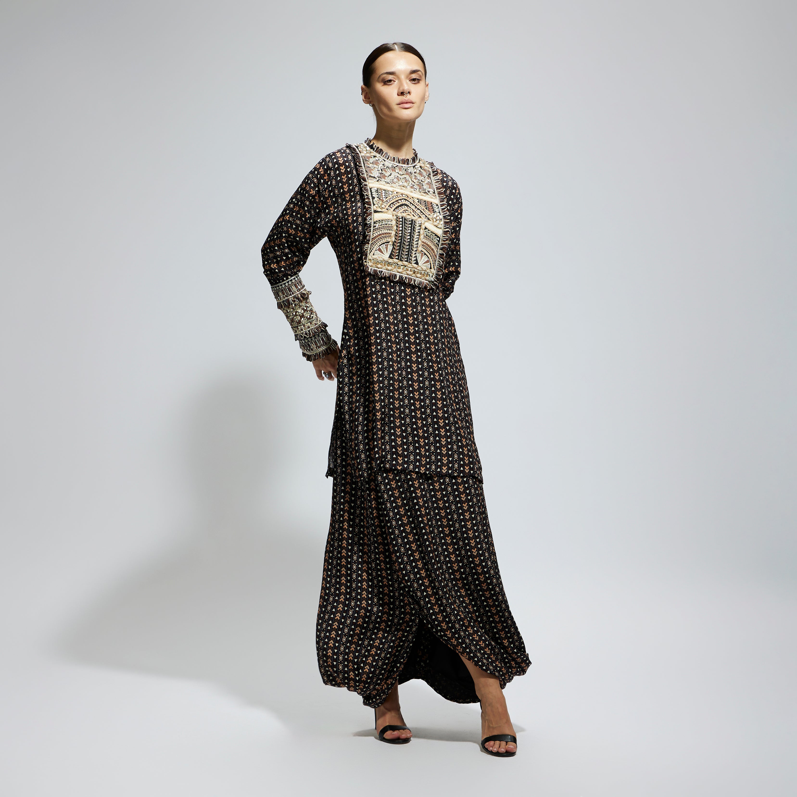 BLACK BOHO PRINTED YOKE EMBROIDERED KURTA WITH DRAPE SKIRT